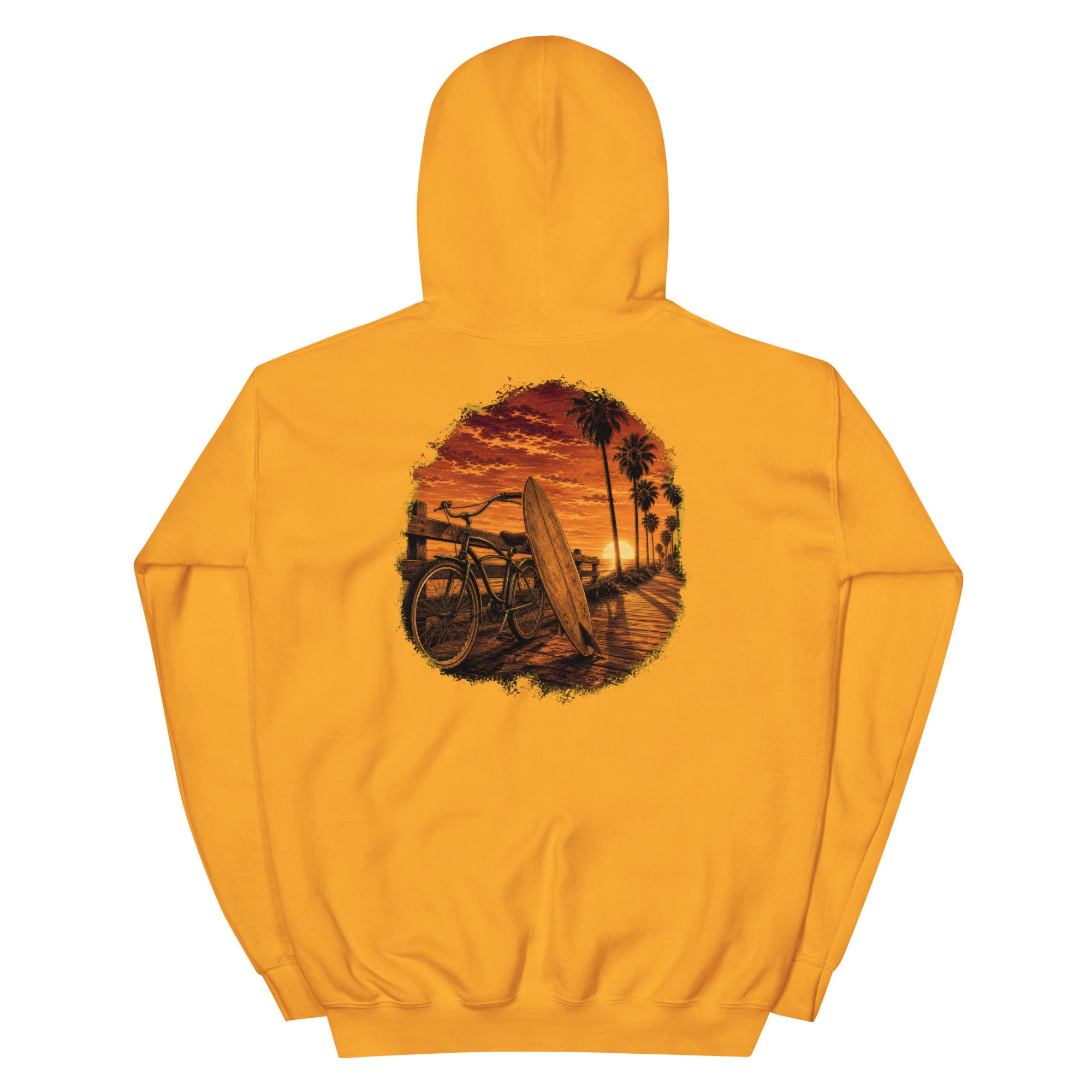 Golden Hour Beach Cruiser hoodie in Gold, back graphic