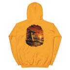 Golden Hour Lifeguard Tower hoodie in Gold, back graphic