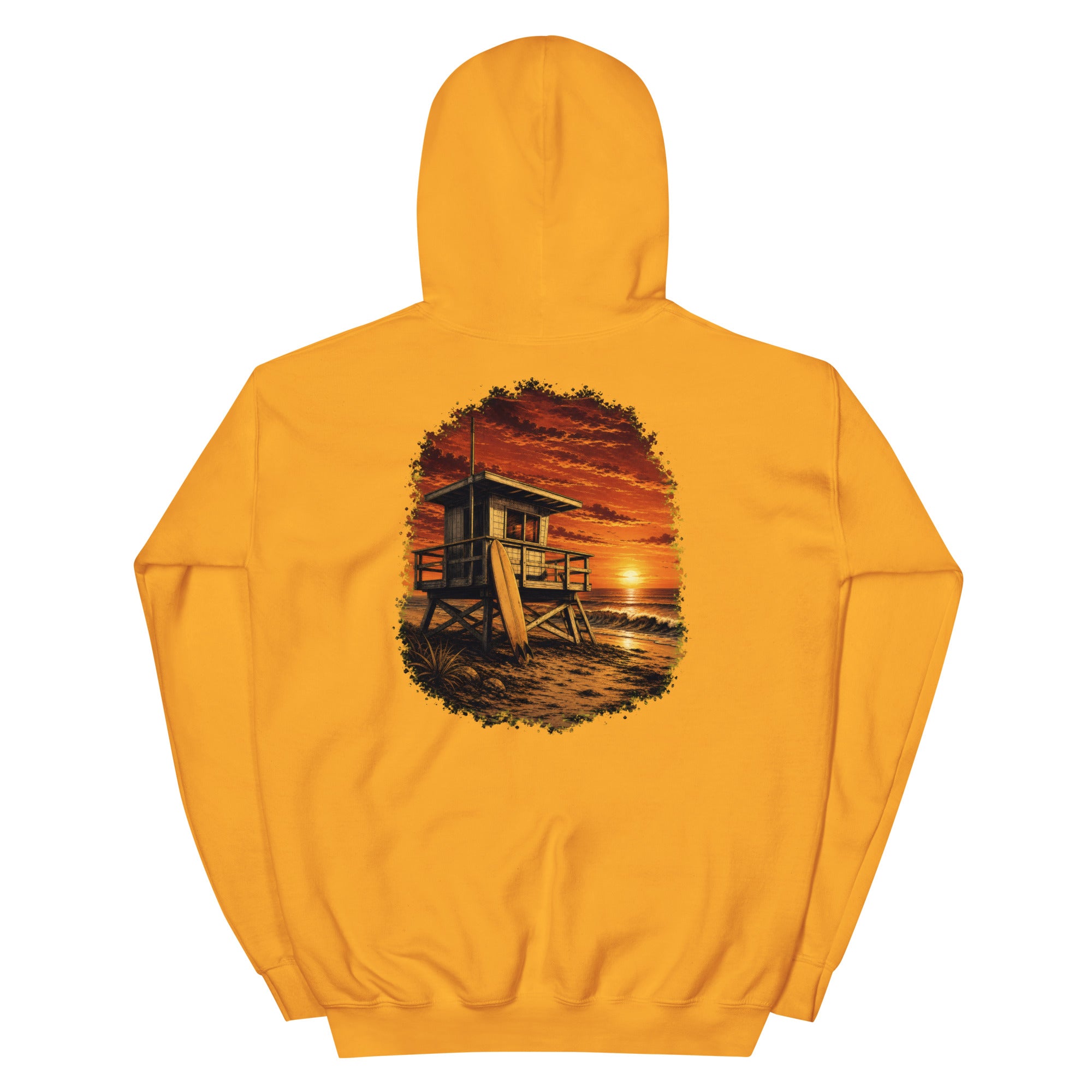 Golden Hour Lifeguard Tower hoodie in Gold, back graphic