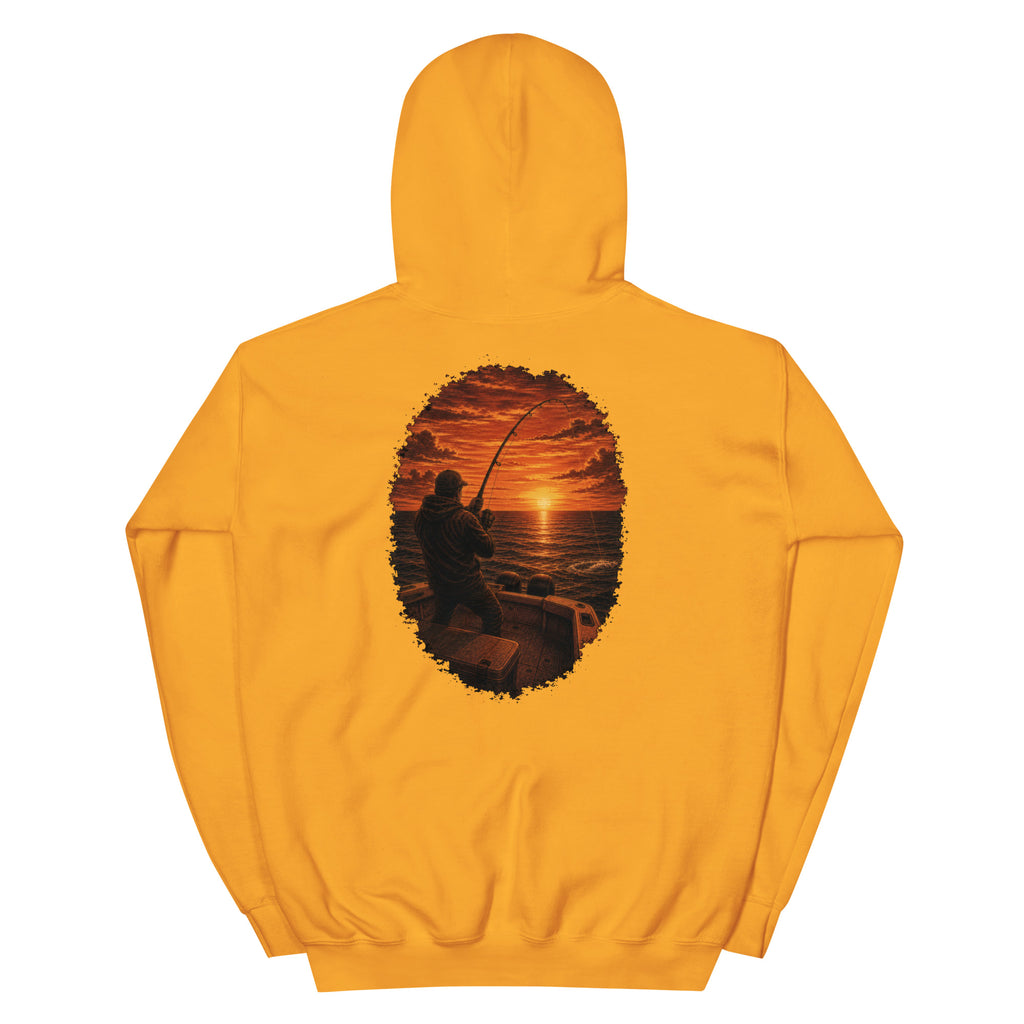 Golden Hour Offshore Fishing hoodie in Gold, back graphic