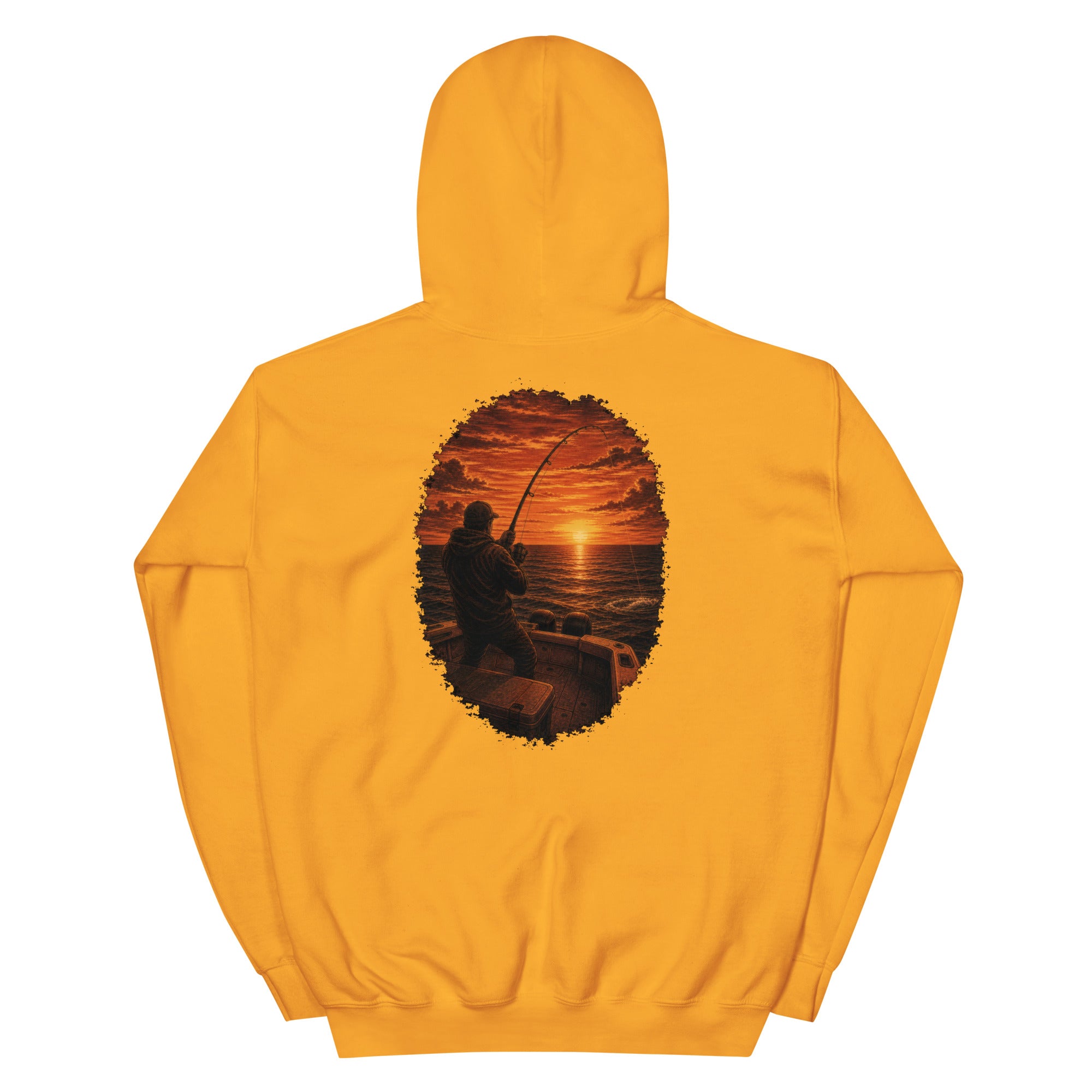 Golden Hour Offshore Fishing hoodie in Gold, back graphic