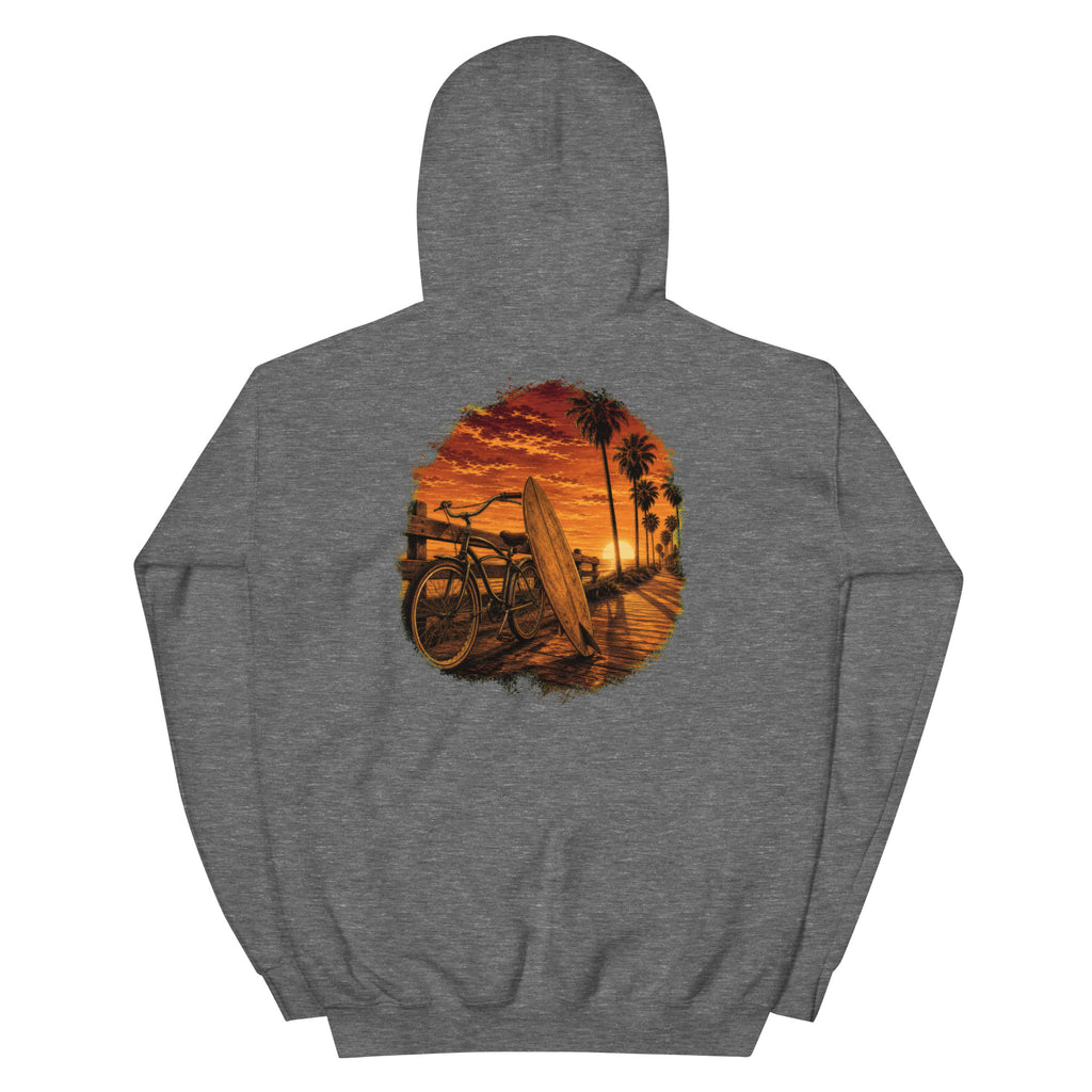 Golden Hour Beach Cruiser hoodie in Graphite Heather, back graphic