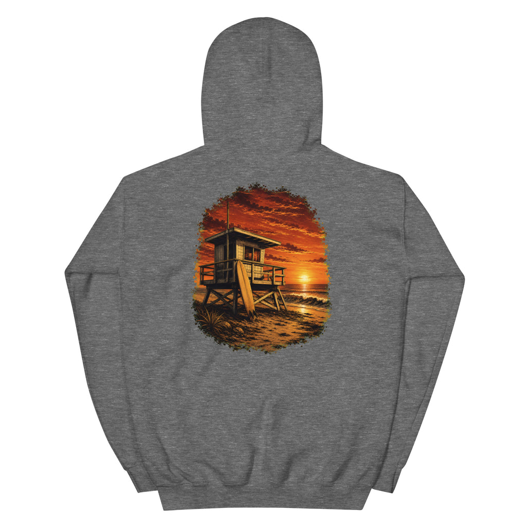 Golden Hour Lifeguard Tower hoodie in Graphite Heather, back graphic