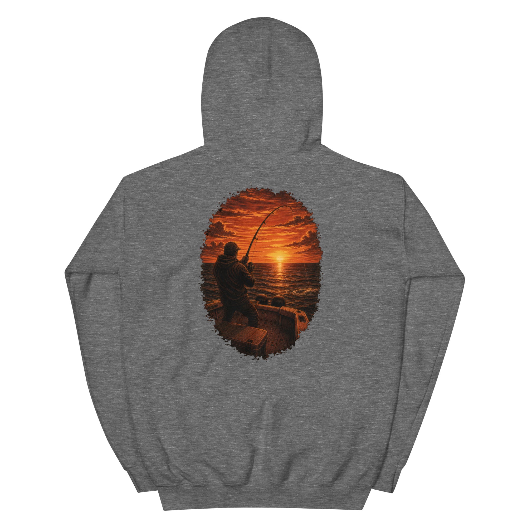 Golden Hour Offshore Fishing hoodie in Graphite Heather, back graphic