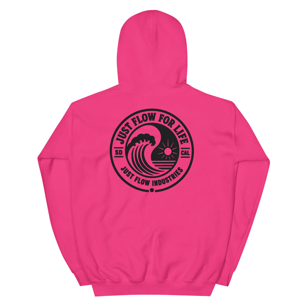 Circular Wave Crest hoodie in Heliconia with the black crest, back graphic