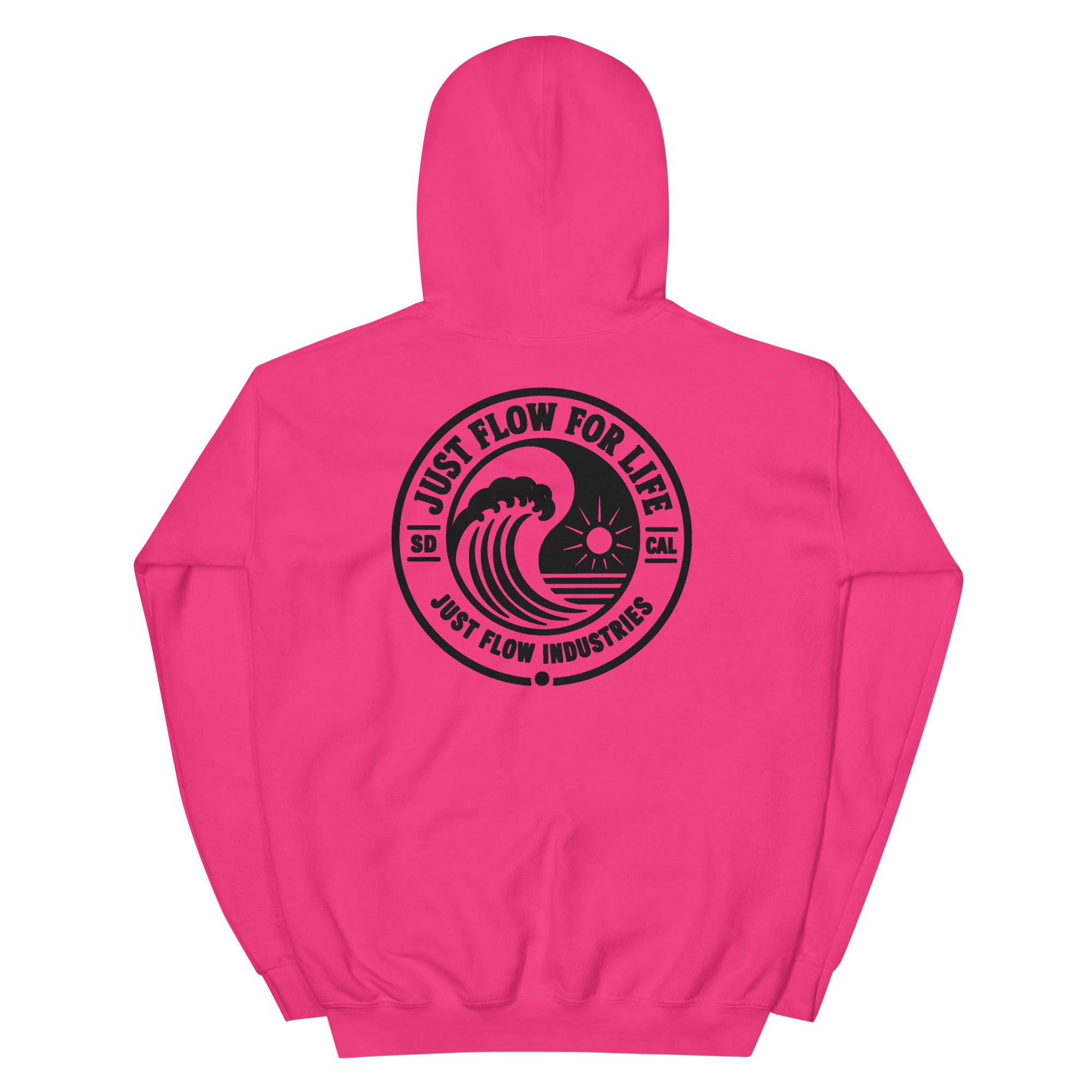 Circular Wave Crest hoodie in Heliconia with the black crest, back graphic