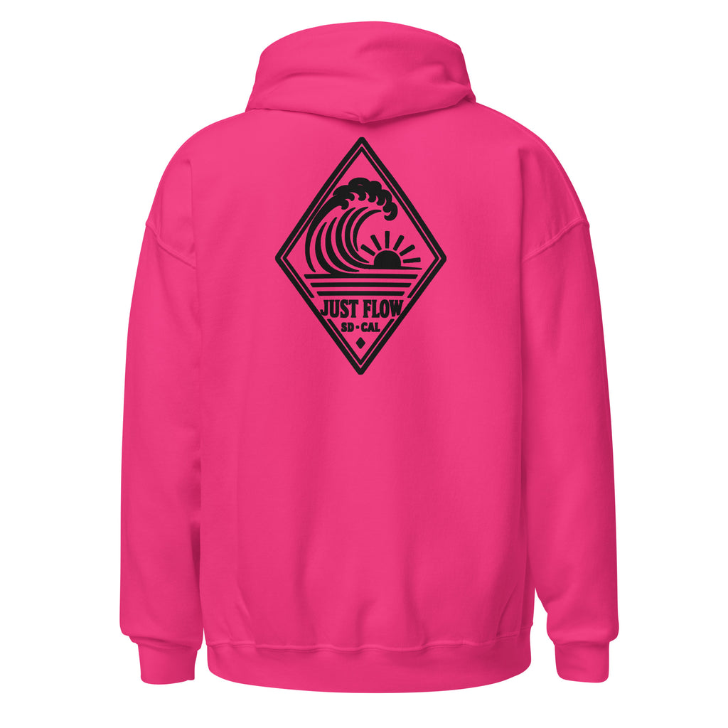 Vertical Wave Diamond hoodie in Heliconia with the black mark, back graphic