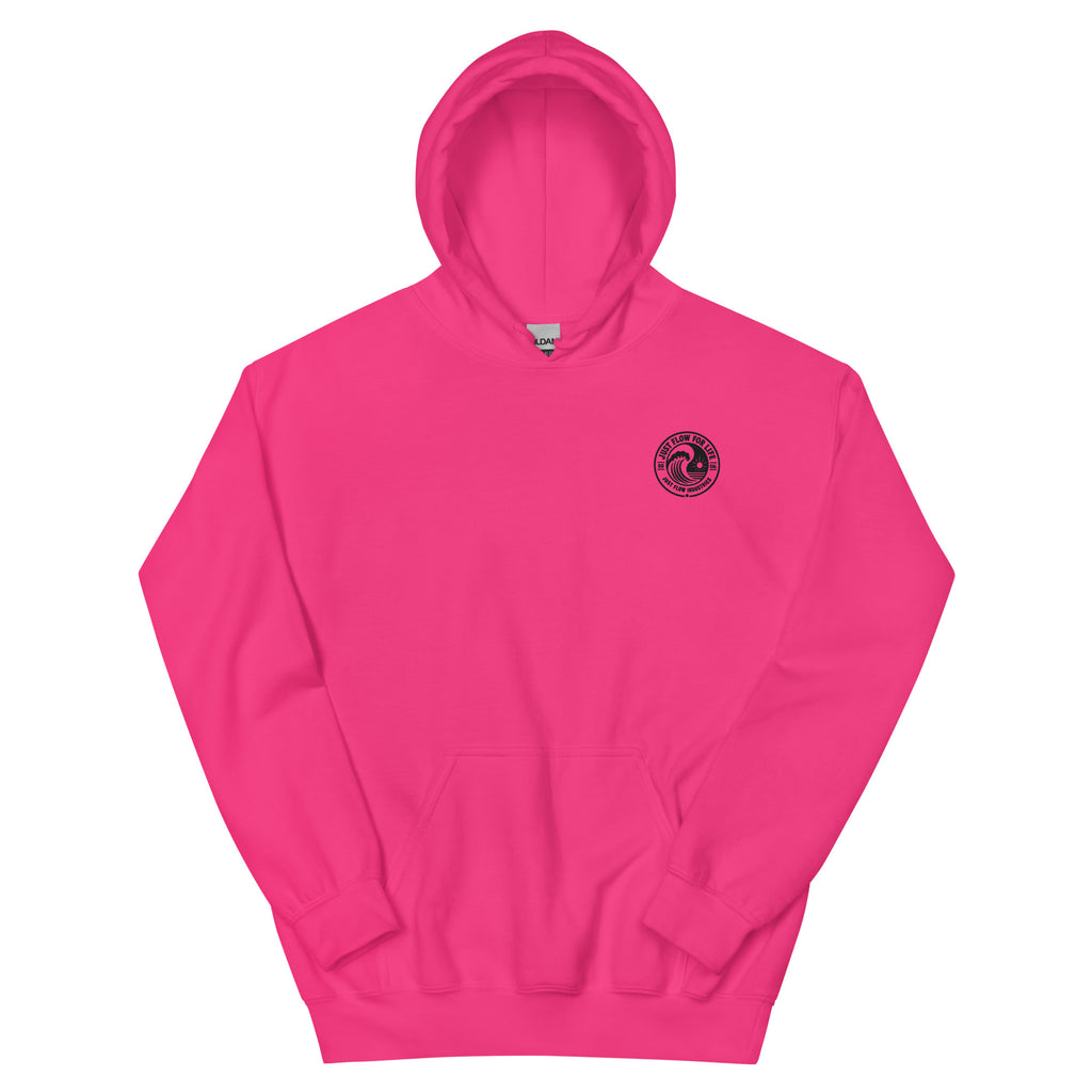 Circular Wave Crest hoodie in Heliconia with the black crest, front