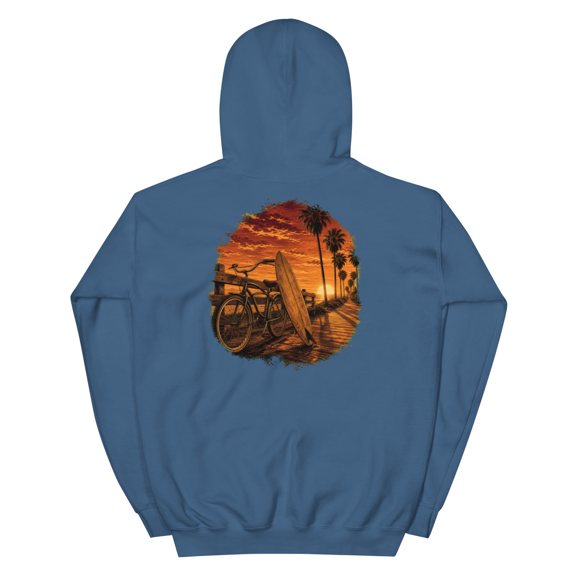 Golden Hour Beach Cruiser hoodie in Indigo Blue, back graphic