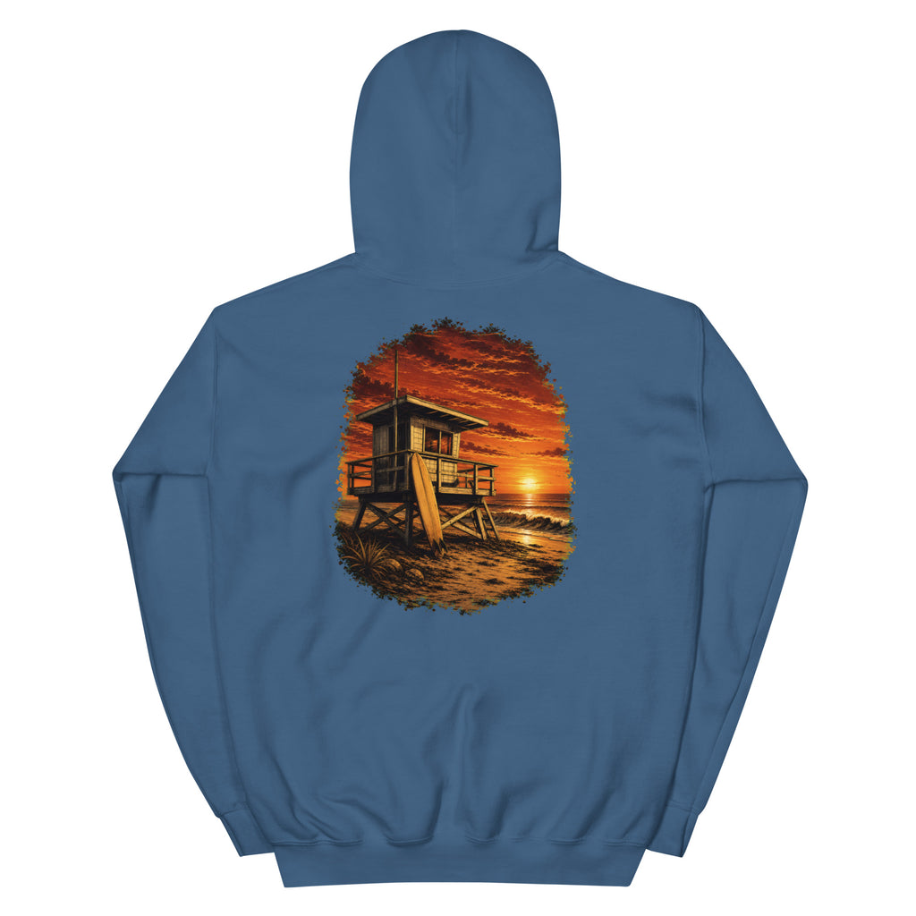 Golden Hour Lifeguard Tower hoodie in Indigo Blue, back graphic