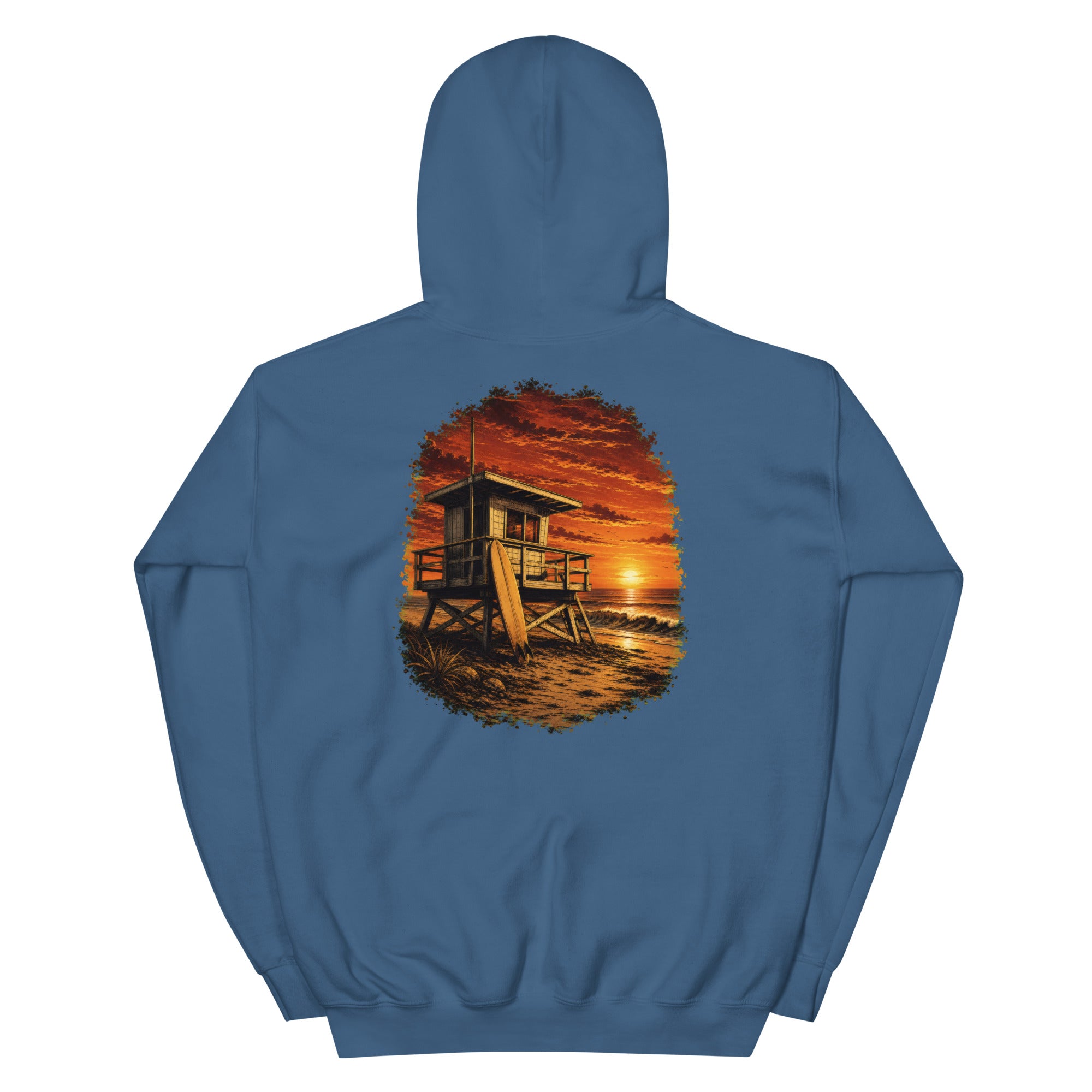 Golden Hour Lifeguard Tower hoodie in Indigo Blue, back graphic