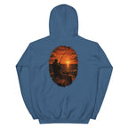 Golden Hour Offshore Fishing hoodie in Indigo Blue, back graphic