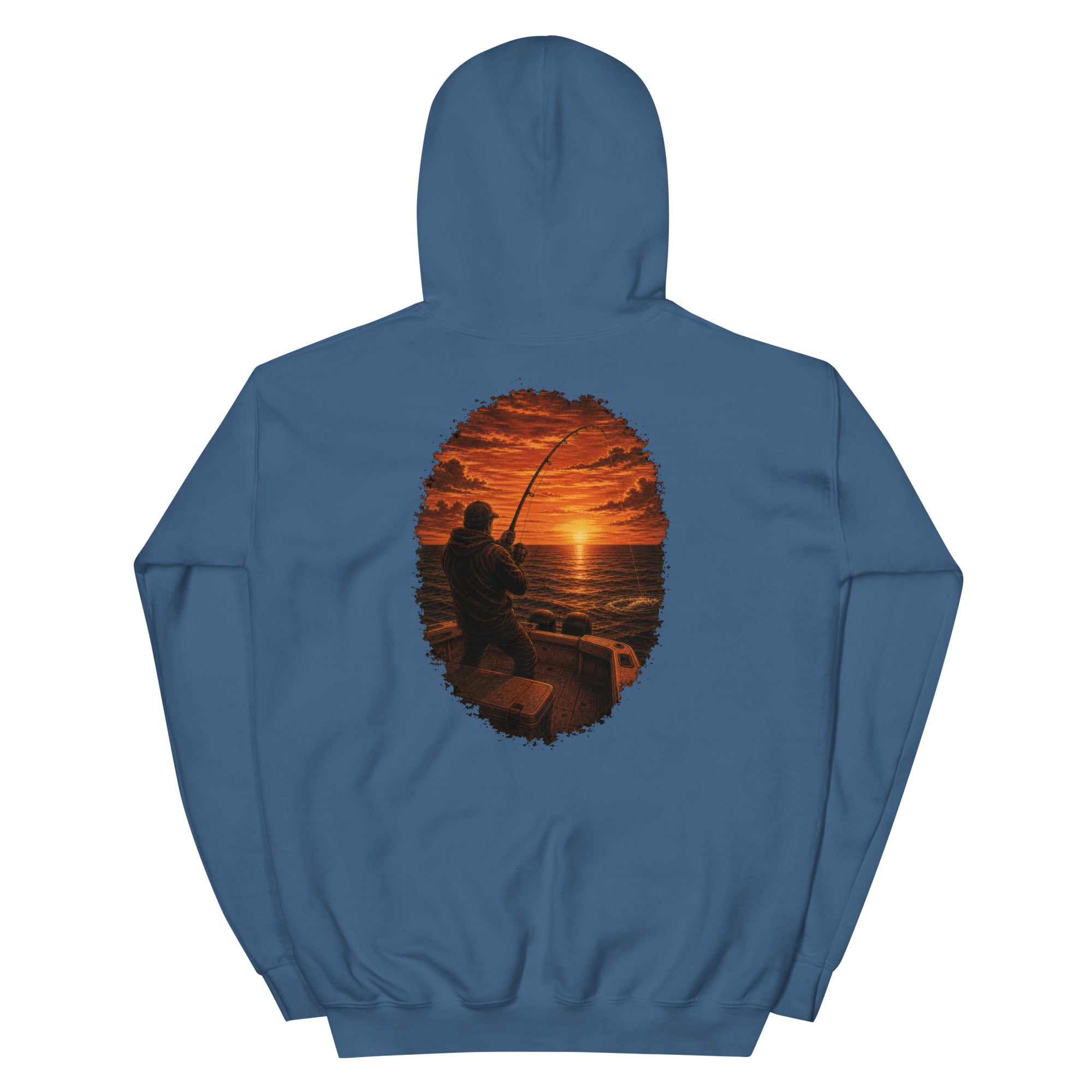 Golden Hour Offshore Fishing hoodie in Indigo Blue, back graphic