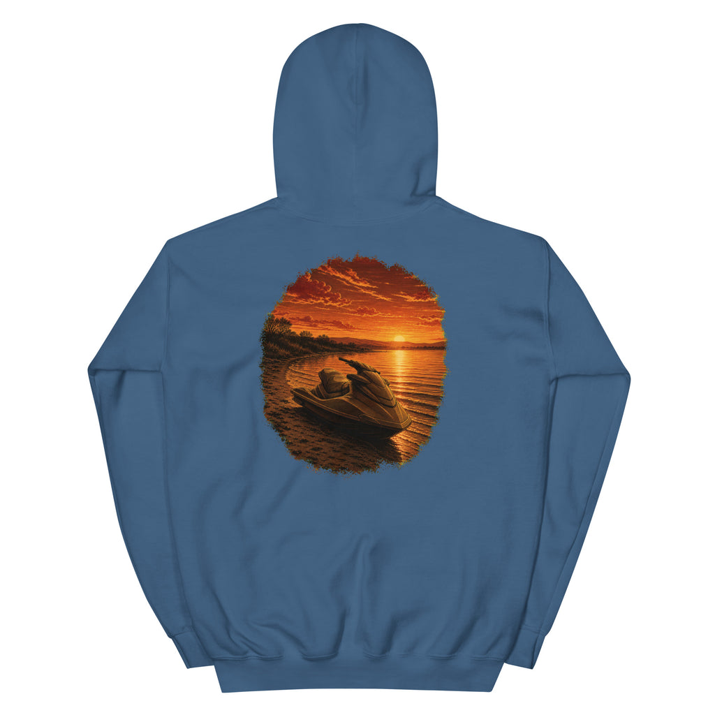 Golden Hour Jet Ski hoodie in Indigo Blue, back graphic