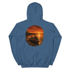 Golden Hour Jet Ski hoodie in Indigo Blue, back graphic