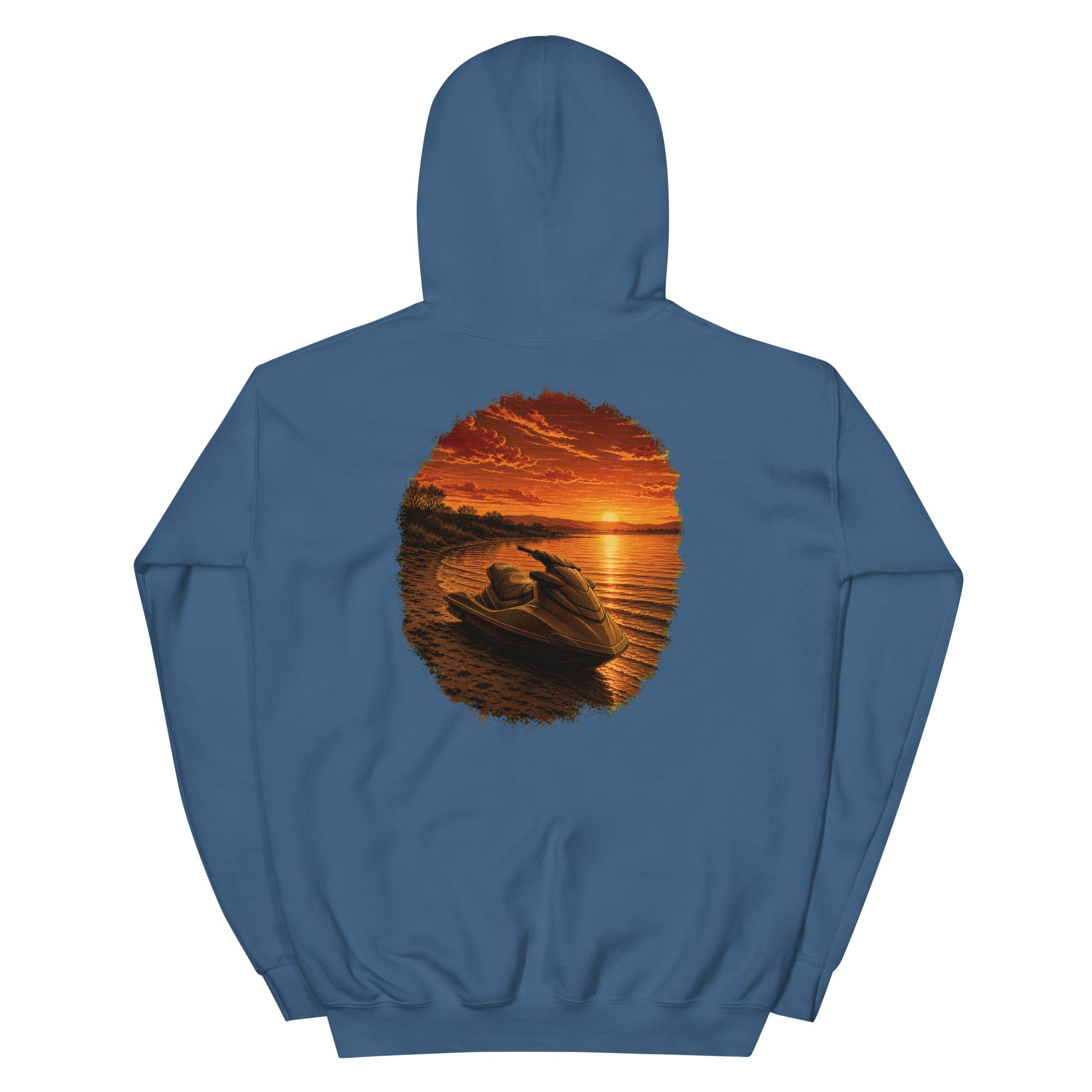 Golden Hour Jet Ski hoodie in Indigo Blue, back graphic