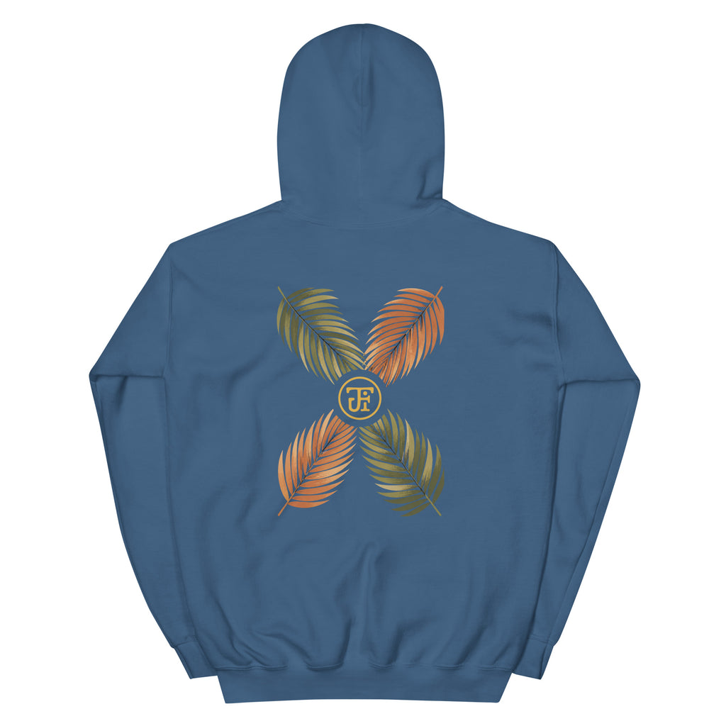 Palm Frond Hoodie in Indigo Blue, back print