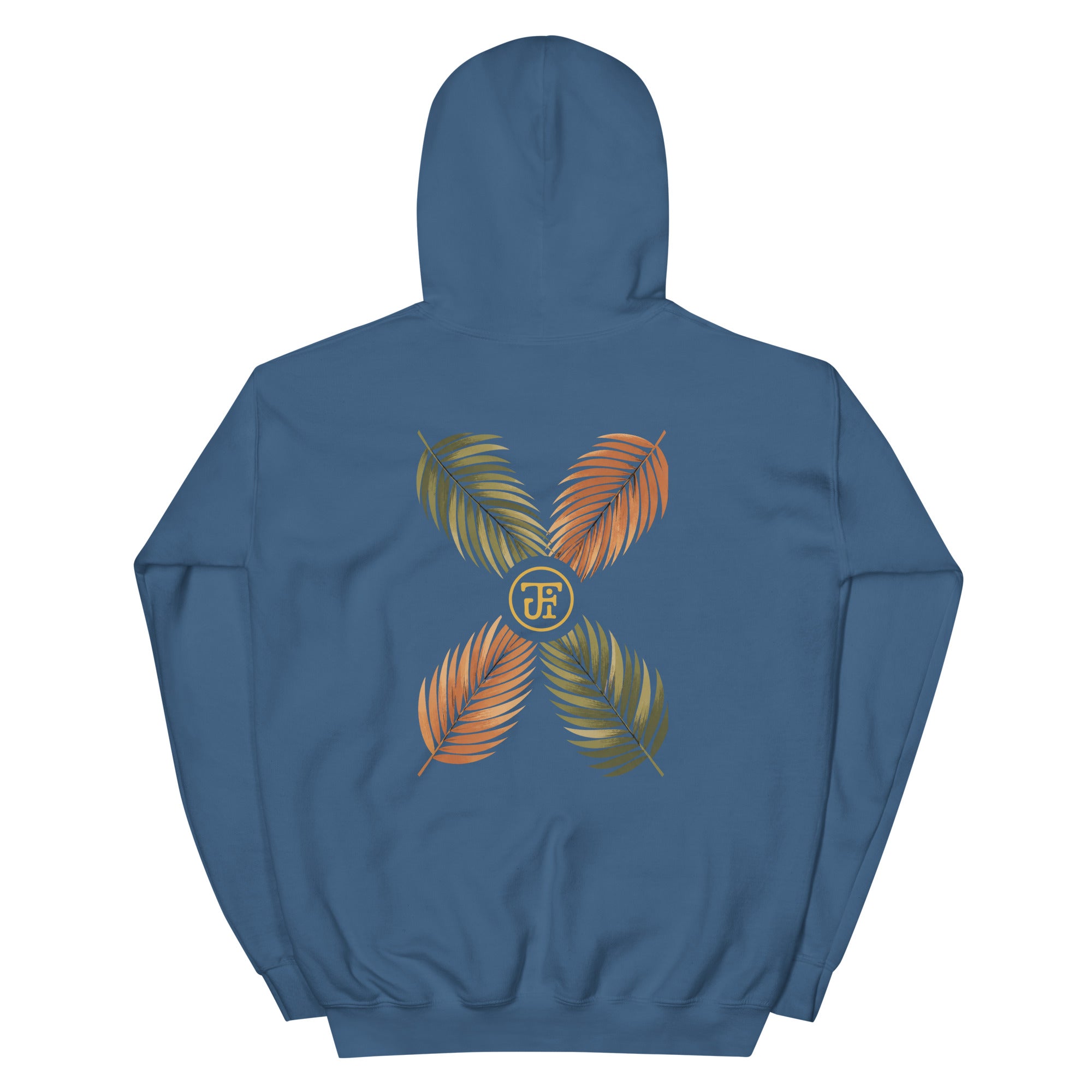 Palm Frond Hoodie in Indigo Blue, back print