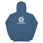 Hibiscus Script Hoodie in Indigo Blue, back print