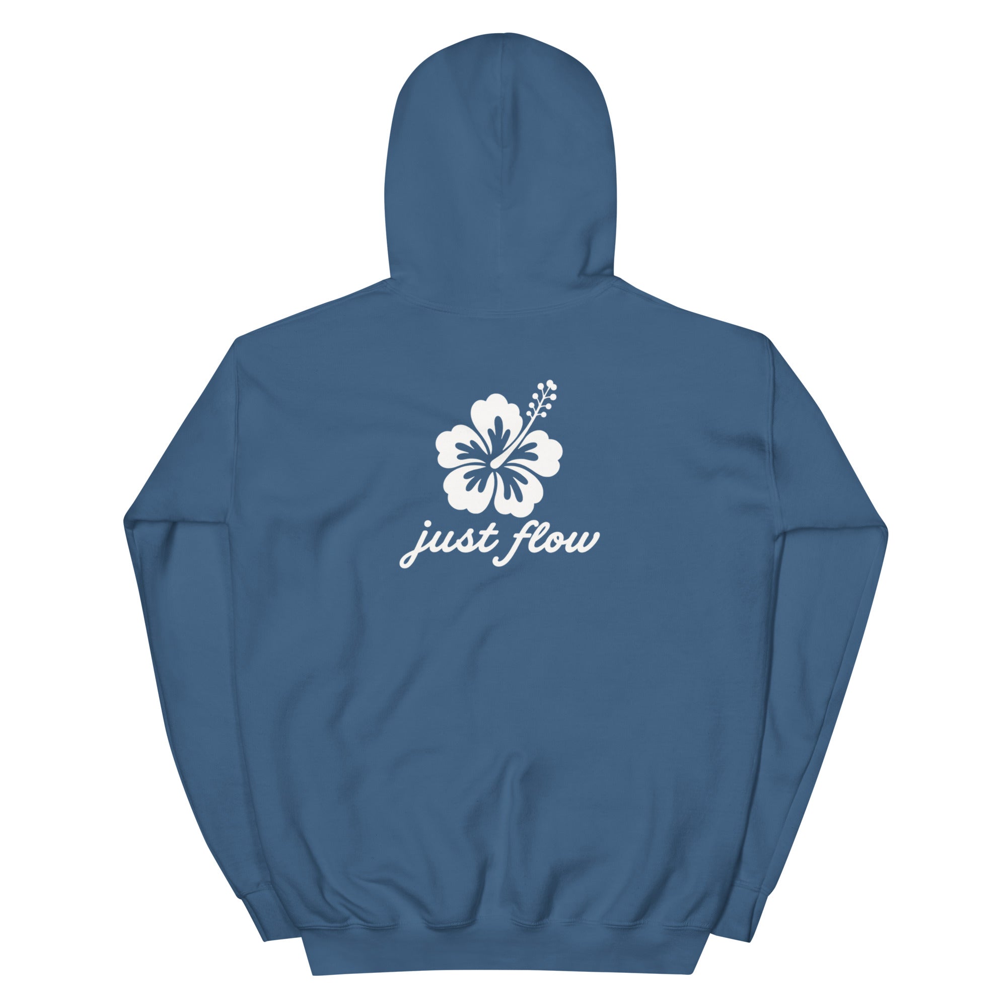 Hibiscus Script Hoodie in Indigo Blue, back print
