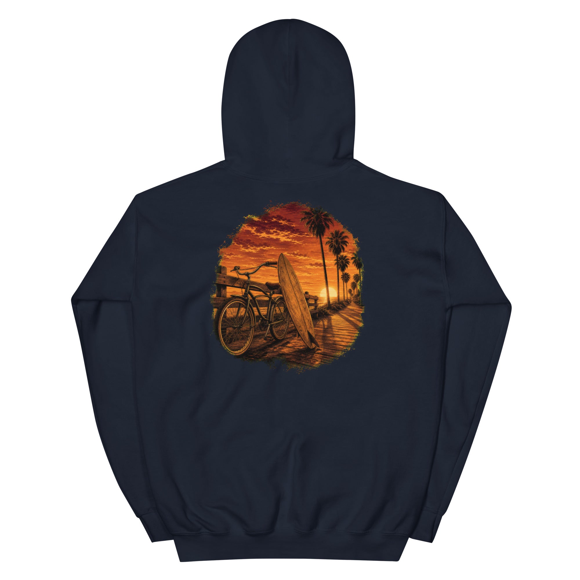 Golden Hour Beach Cruiser hoodie in Navy, back graphic