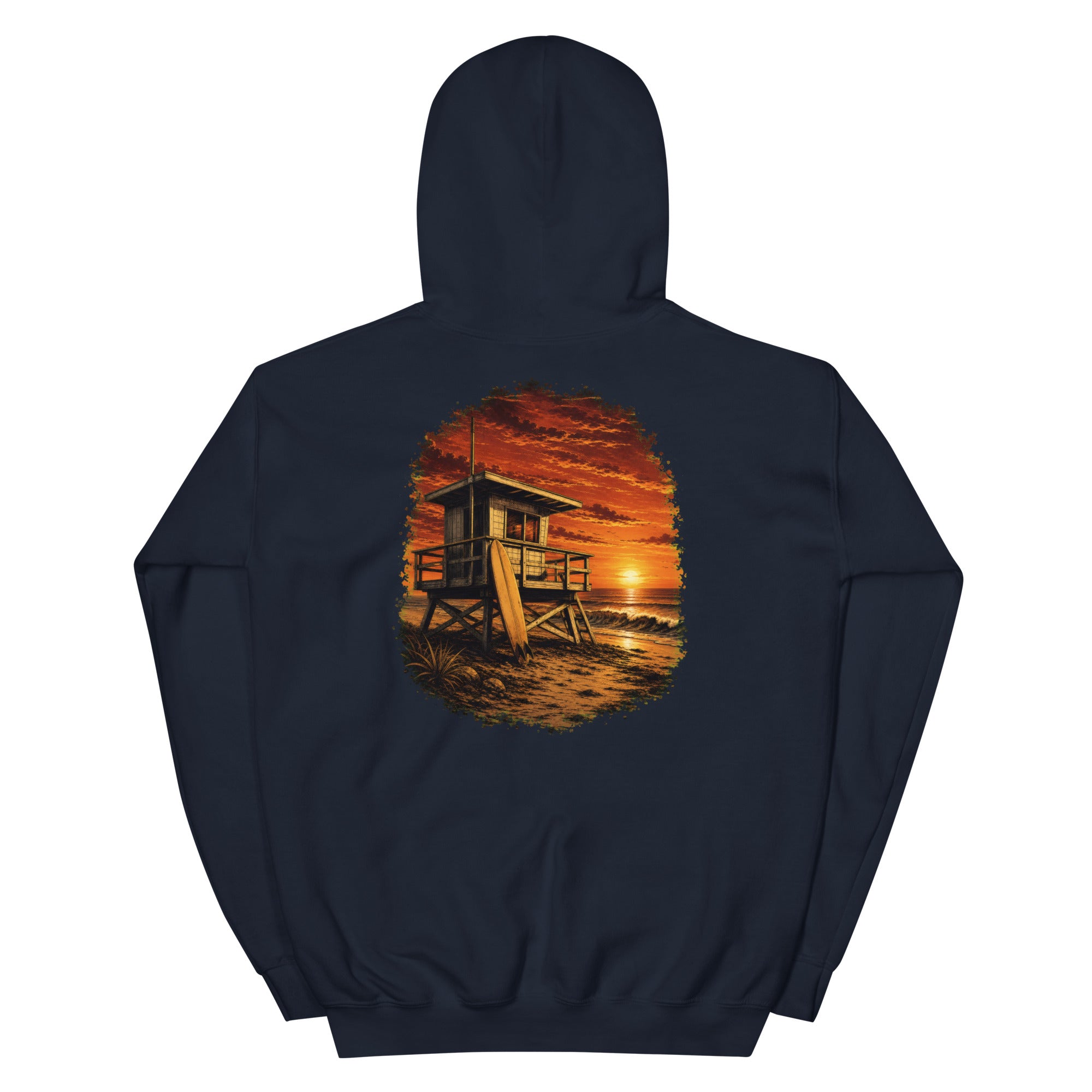 Golden Hour Lifeguard Tower hoodie in Navy, back graphic