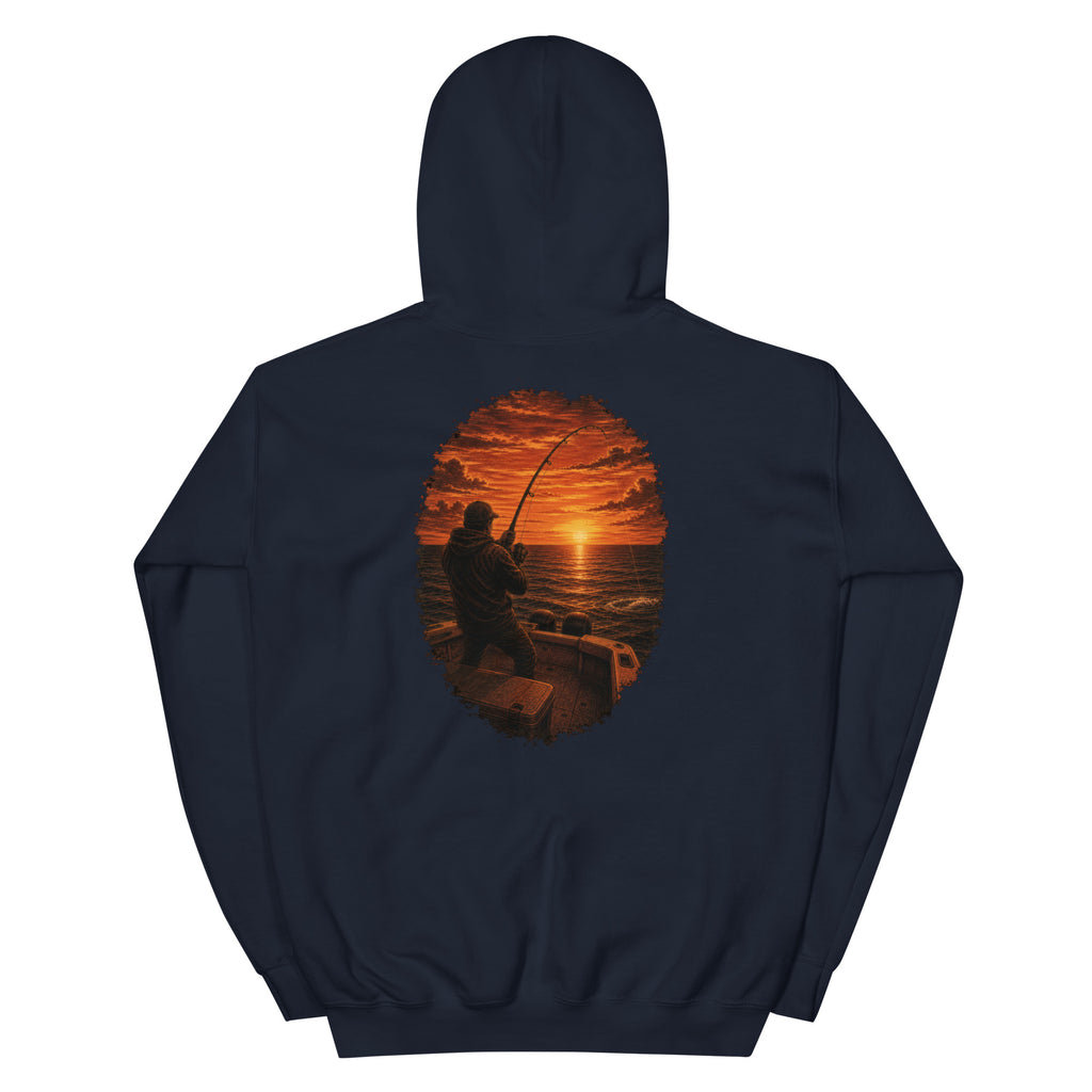 Golden Hour Offshore Fishing hoodie in Navy, back graphic