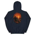 Golden Hour Offshore Fishing hoodie in Navy, back graphic