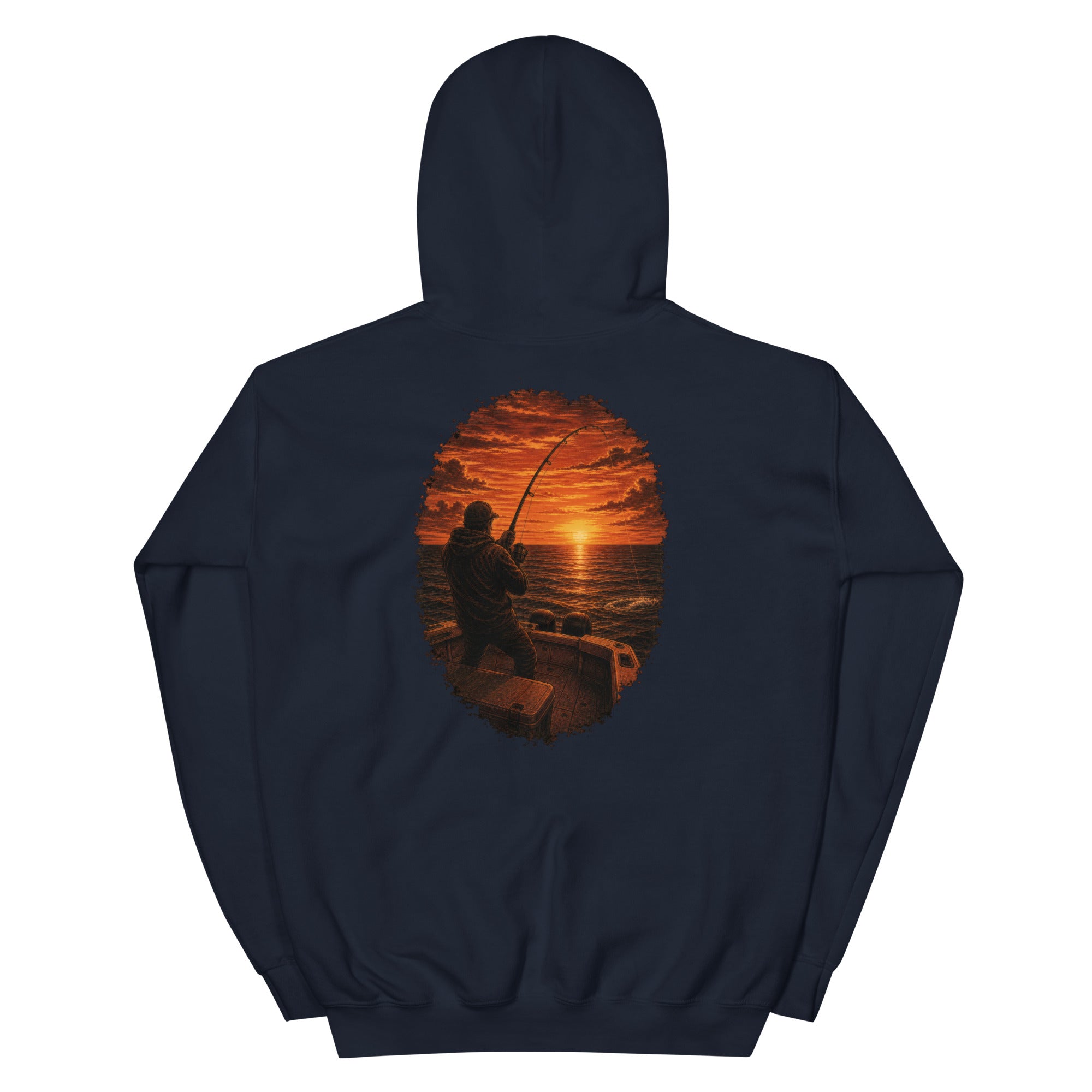 Golden Hour Offshore Fishing hoodie in Navy, back graphic
