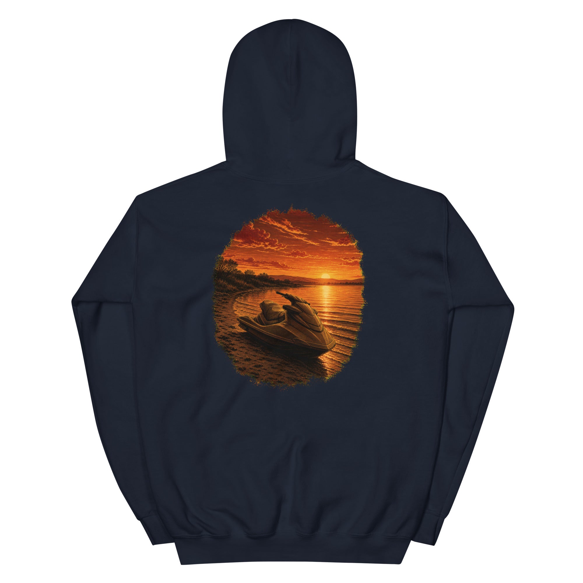 Golden Hour Jet Ski hoodie in Navy, back graphic