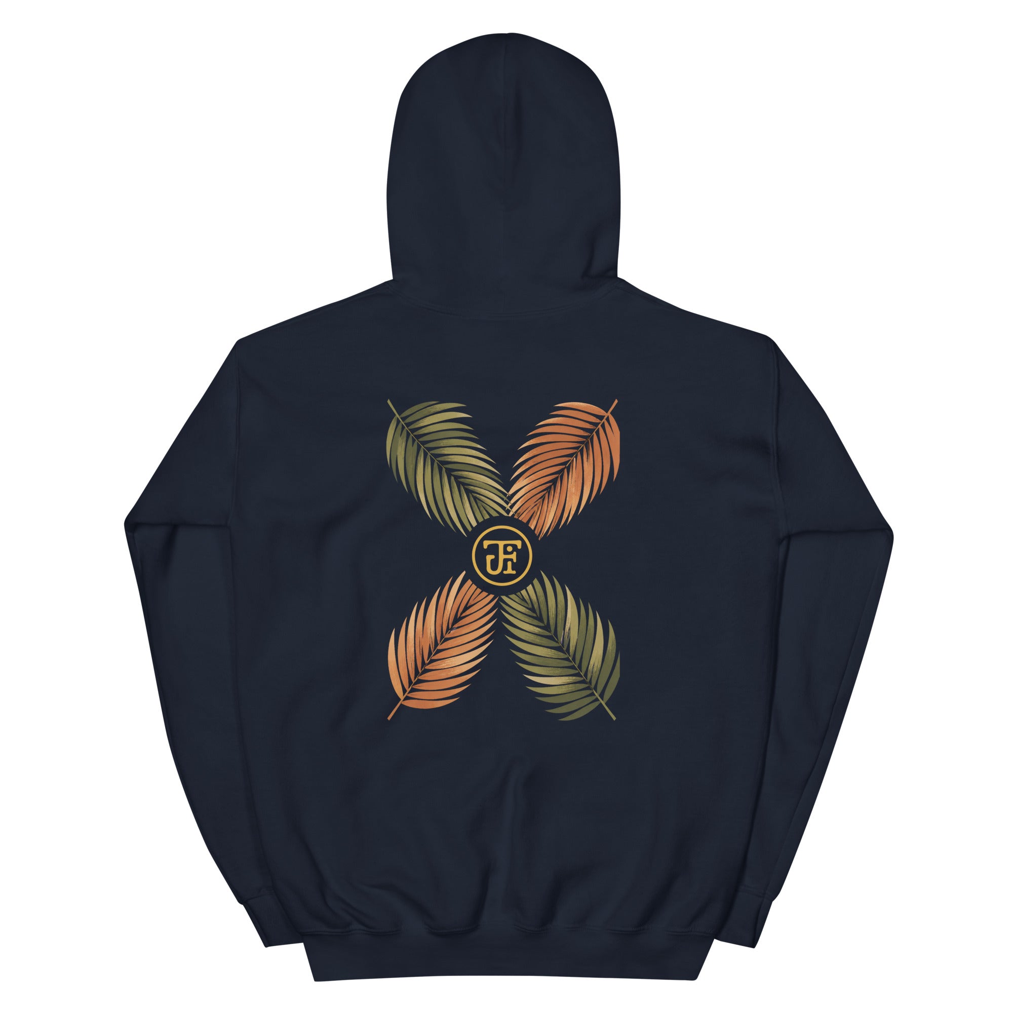 Palm Frond Hoodie in Navy, back print