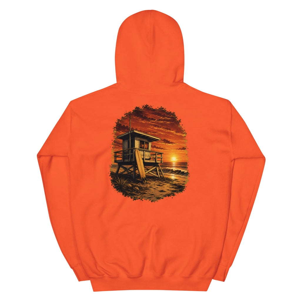 Golden Hour Lifeguard Tower hoodie in Orange, back graphic