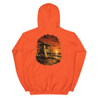 Golden Hour Lifeguard Tower hoodie in Orange, back graphic