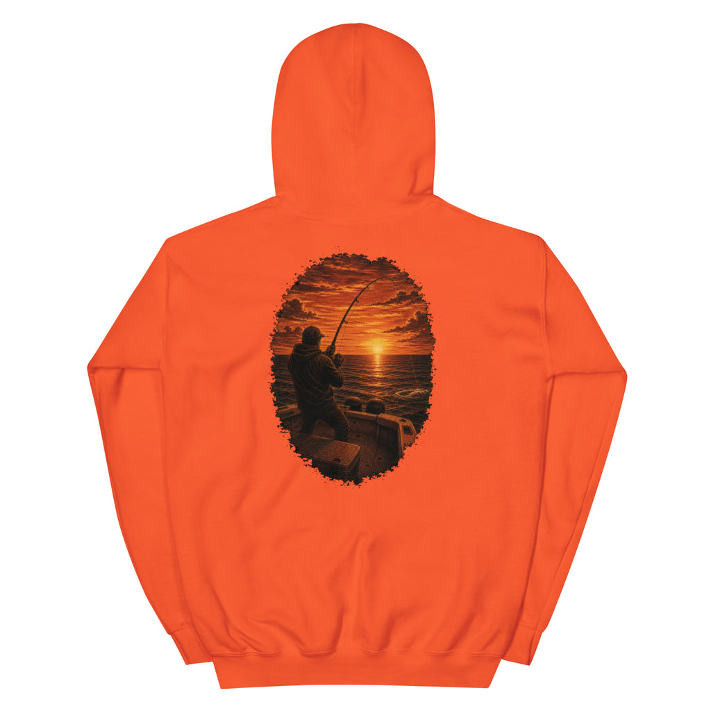 Golden Hour Offshore Fishing hoodie in Orange, back graphic