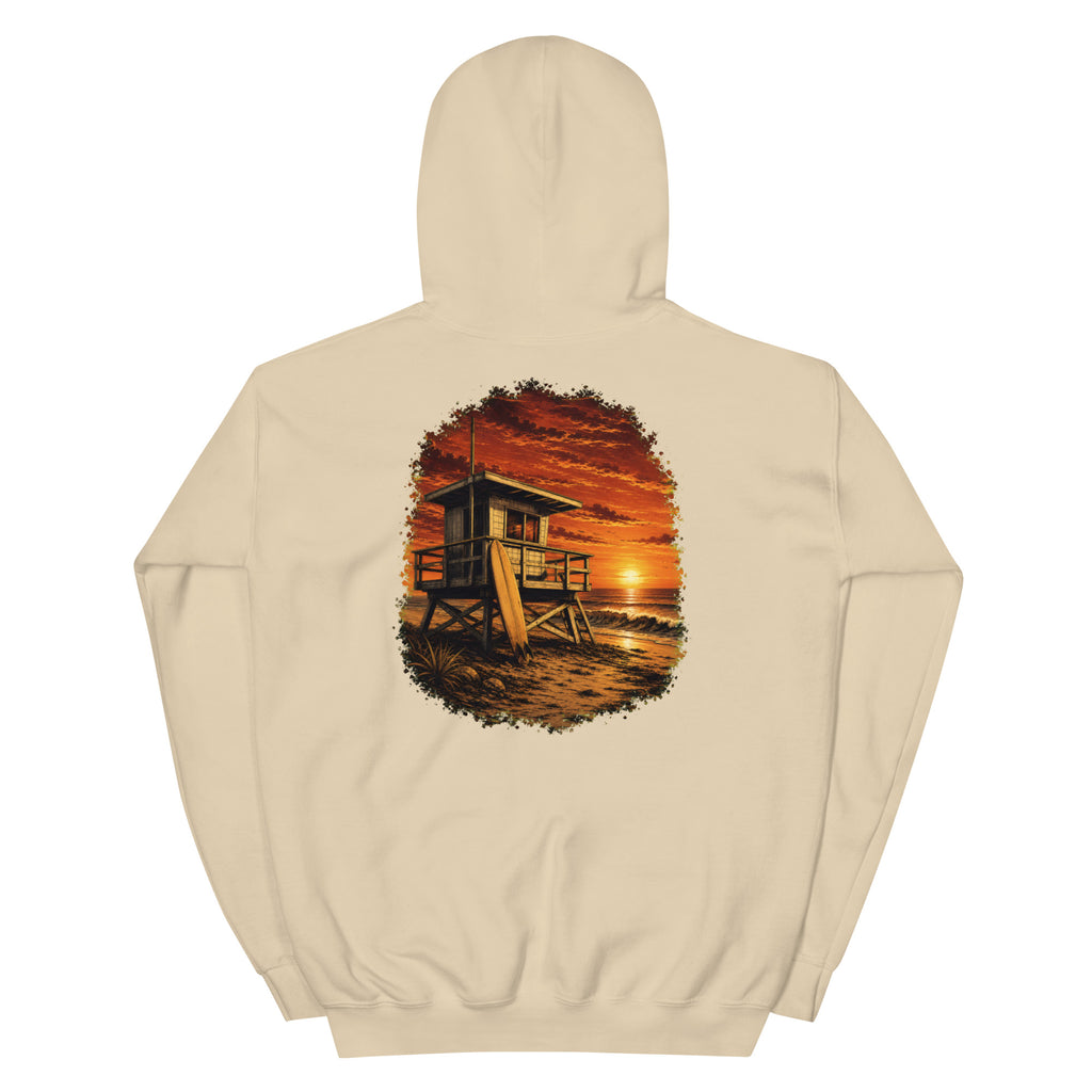 Golden Hour Lifeguard Tower hoodie in Sand, back graphic