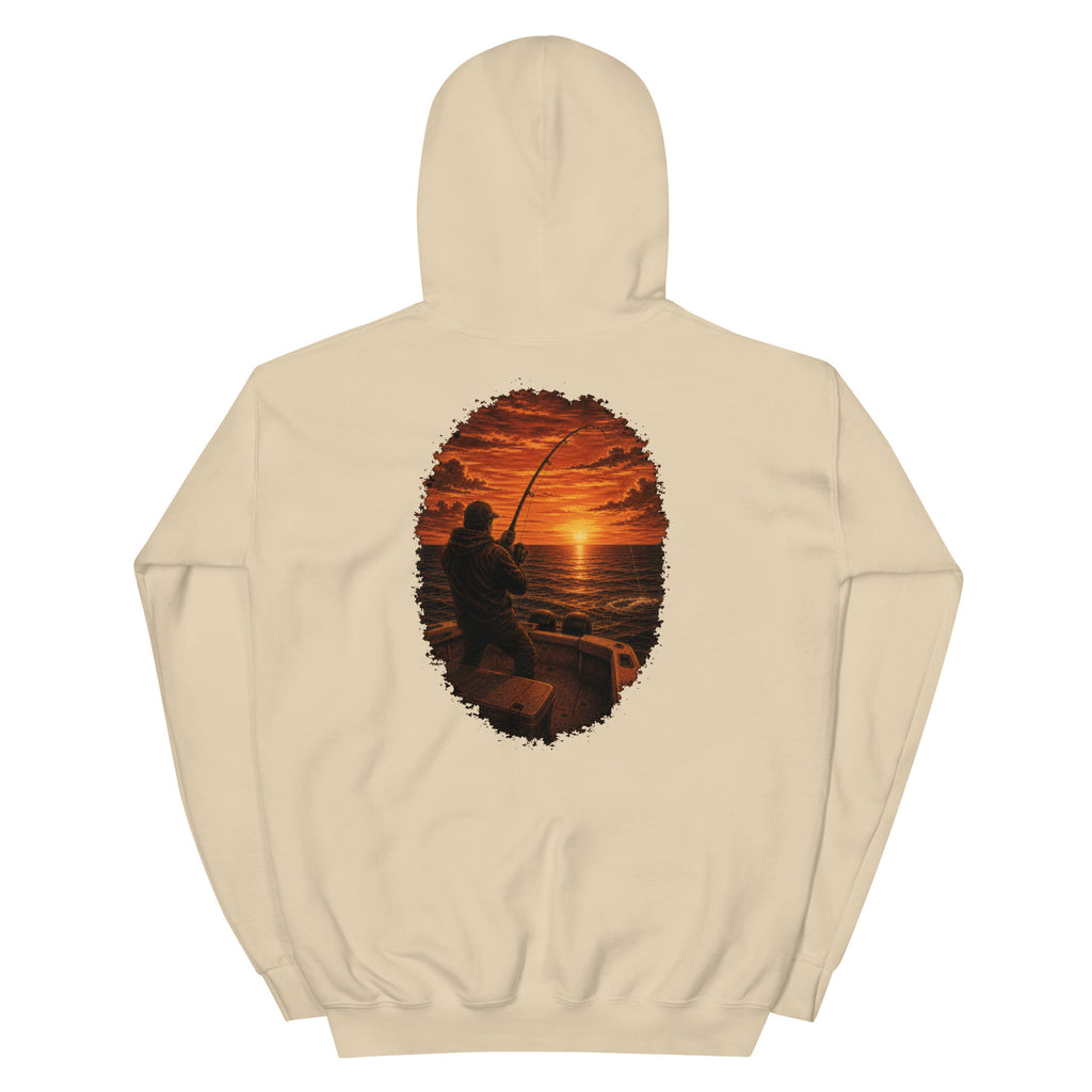 Golden Hour Offshore Fishing hoodie in Sand, back graphic