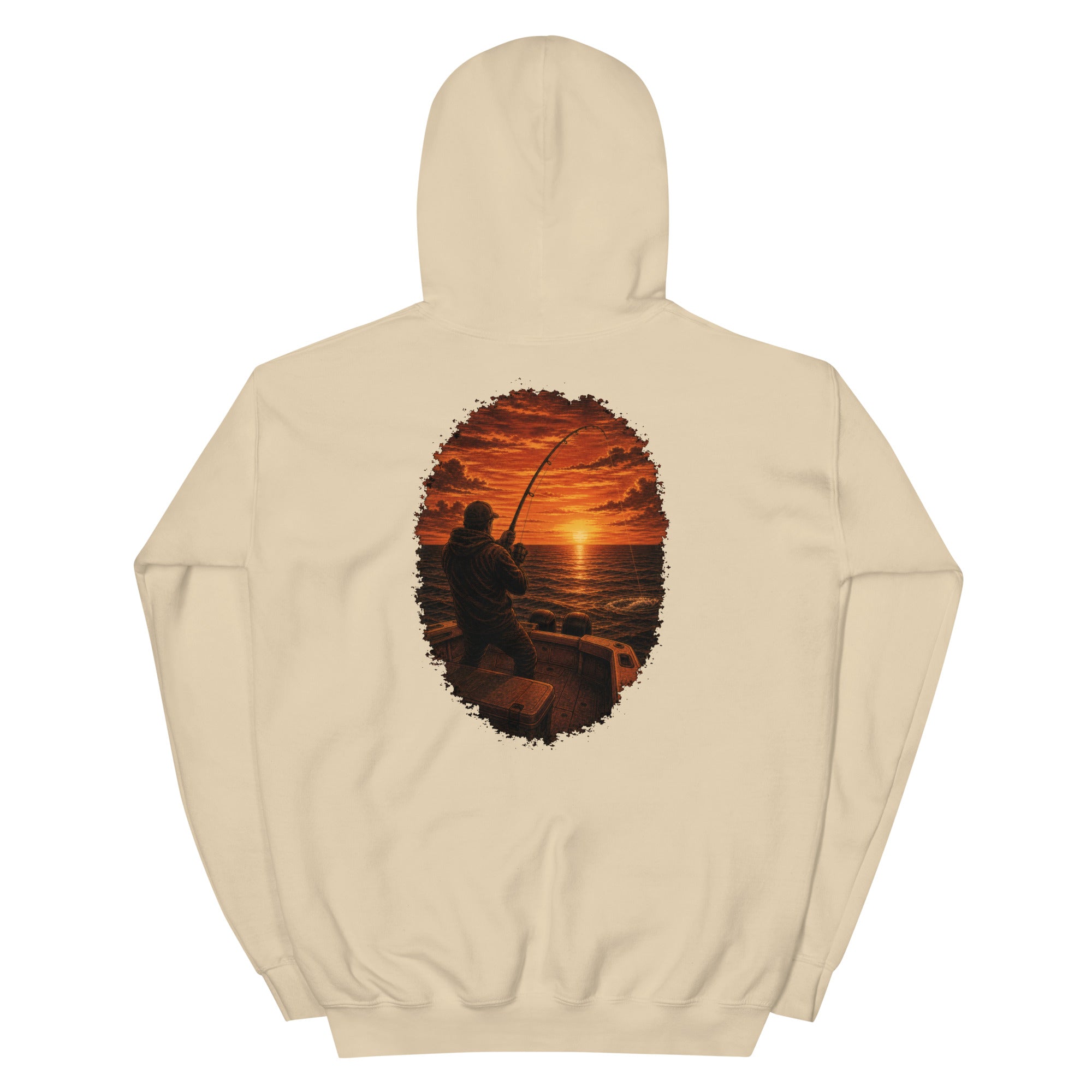 Golden Hour Offshore Fishing hoodie in Sand, back graphic