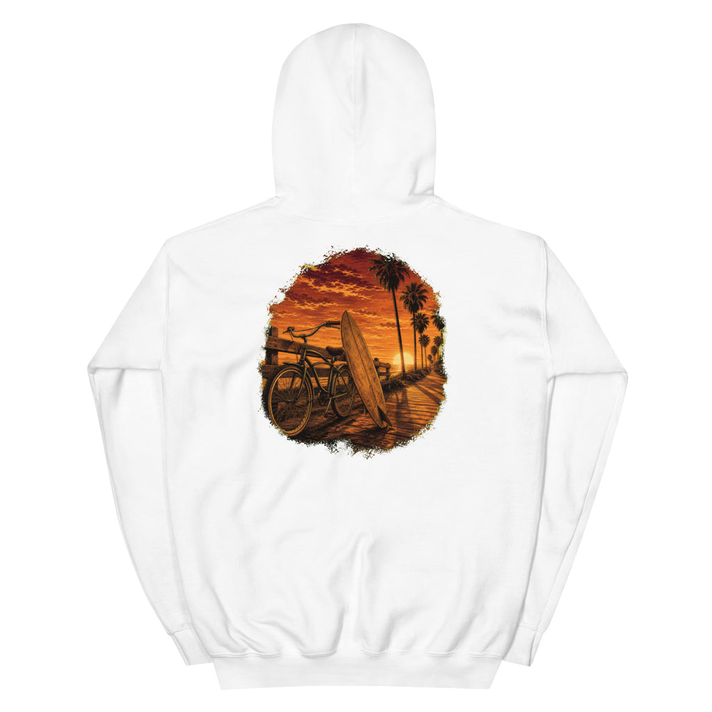 Golden Hour Beach Cruiser hoodie in White, back graphic