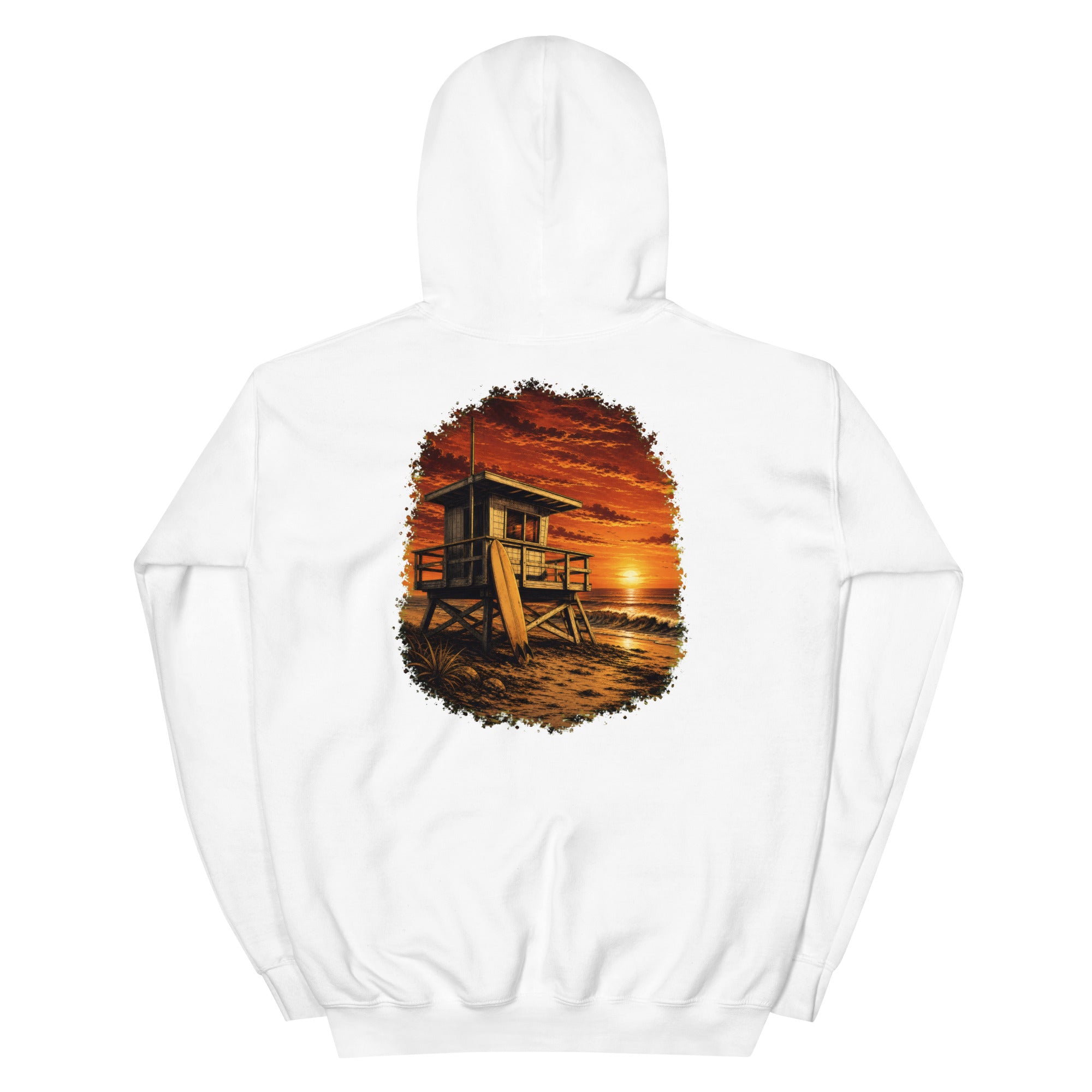 Golden Hour Lifeguard Tower hoodie in White, back graphic