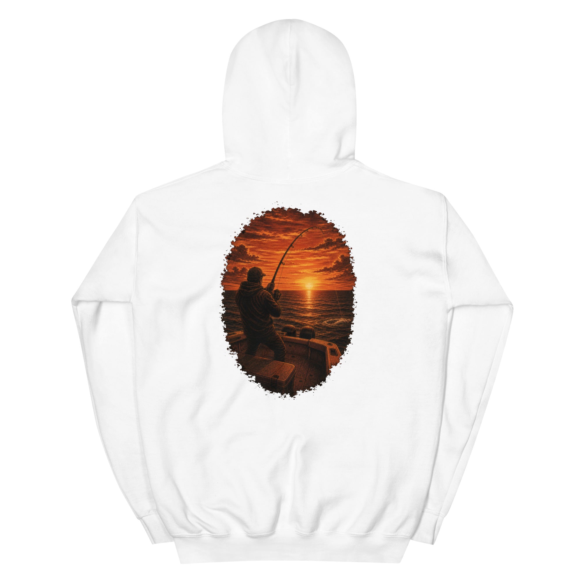 Golden Hour Offshore Fishing hoodie in White, back graphic