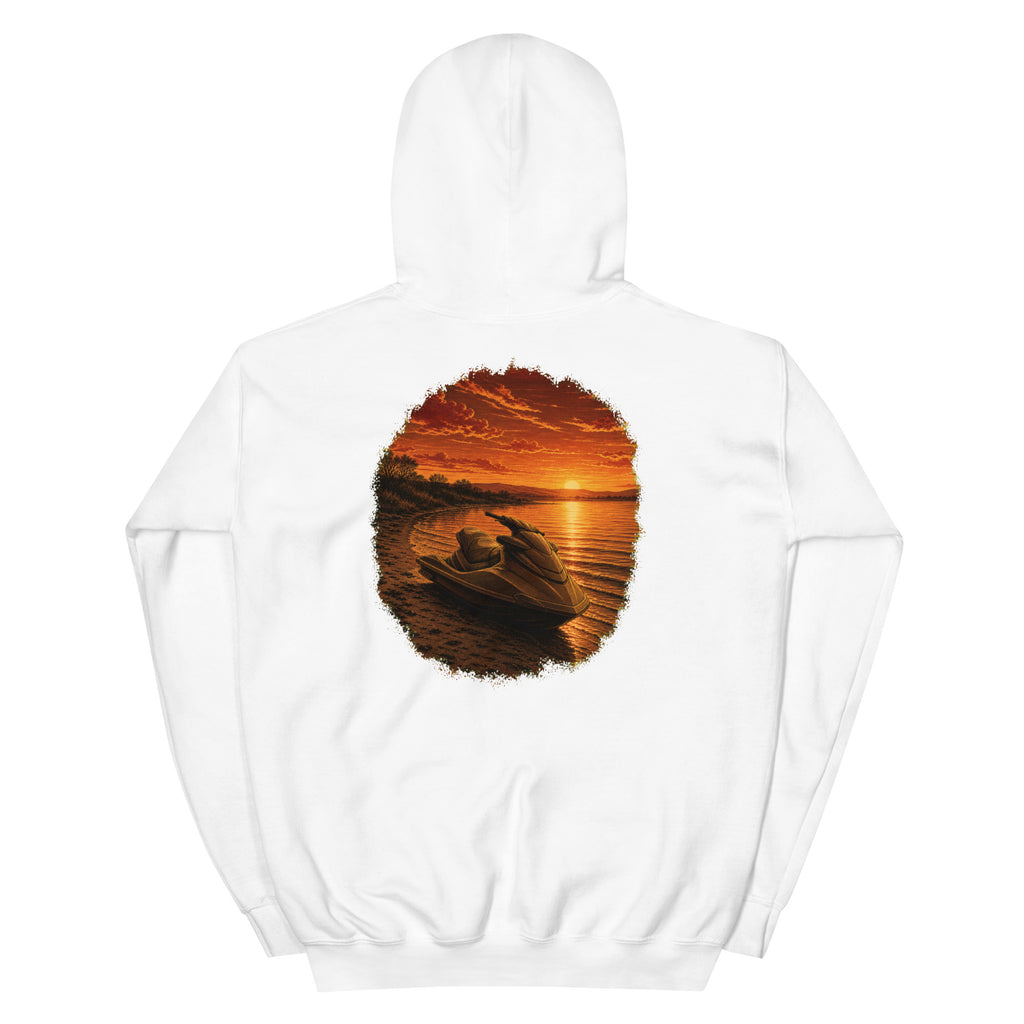 Golden Hour Jet Ski hoodie in White, back graphic