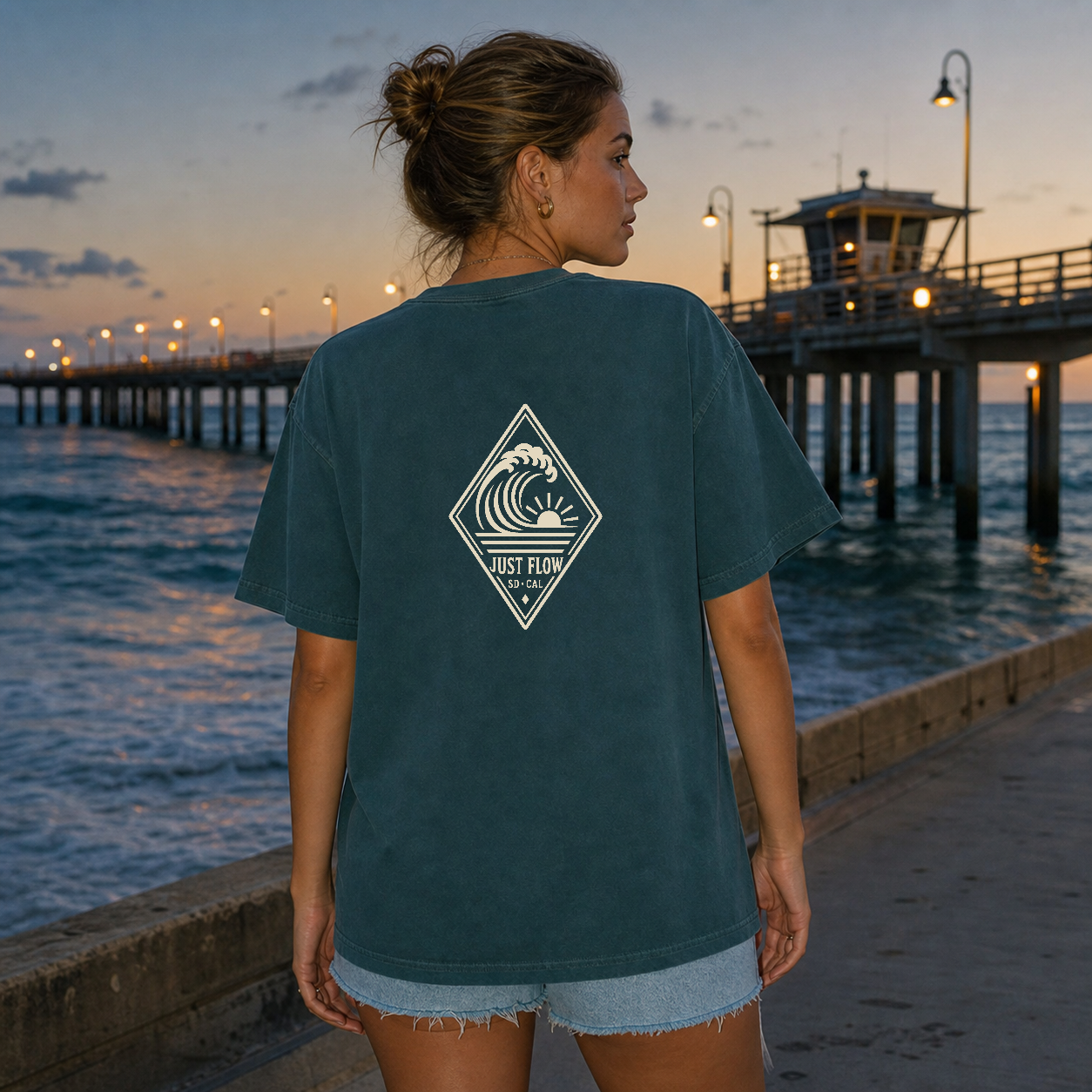 Vertical Wave Diamond DTF Heavyweight Tee in Blue Spruce, lifestyle
