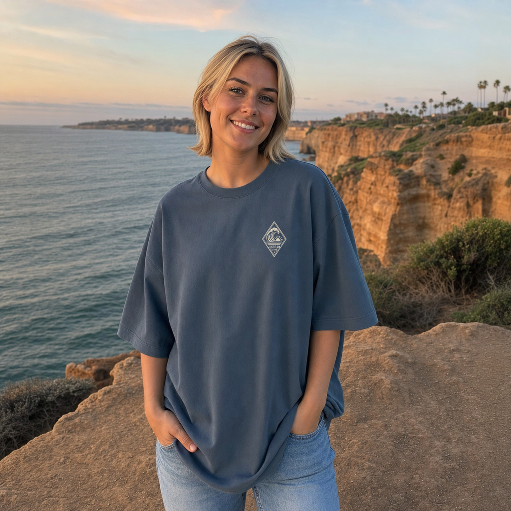 Vertical Wave Diamond Oversized Tee in Faded Indigo, lifestyle