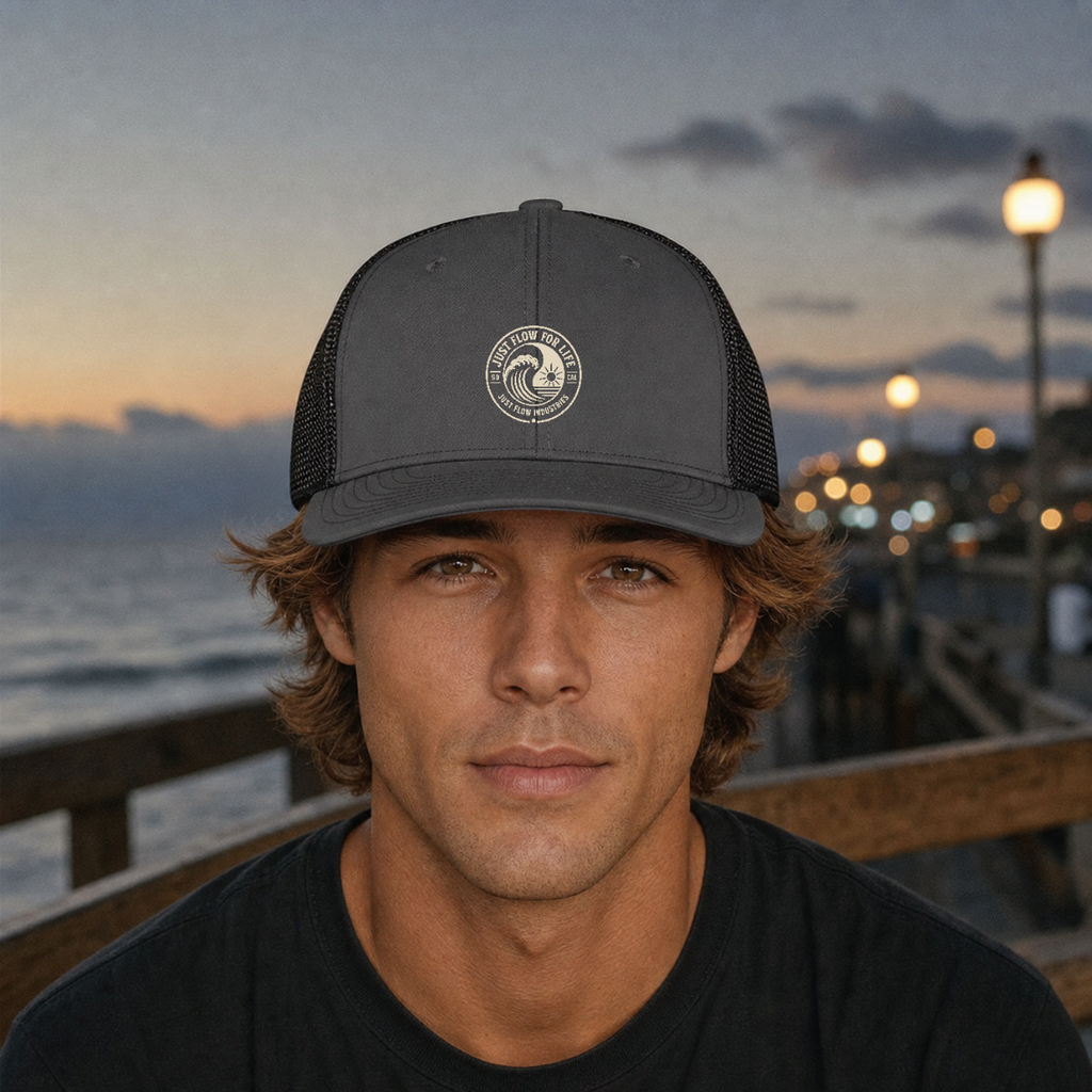 Circular Wave Crest Trucker Cap, cream logo, lifestyle (corrected crest)