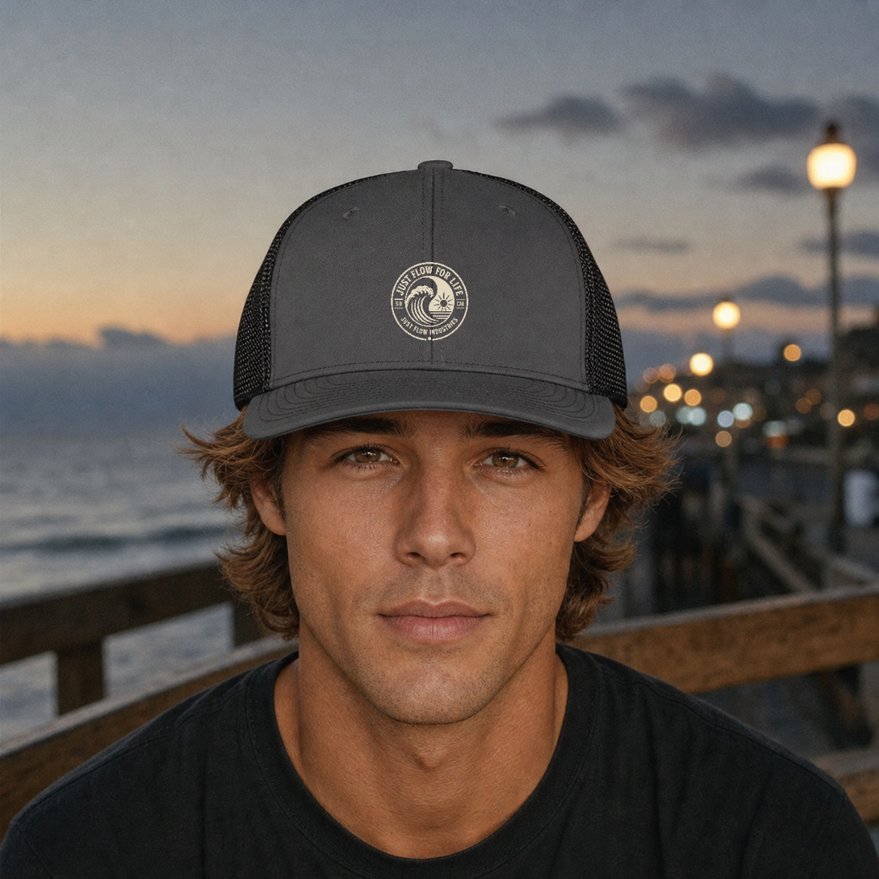 Circular Wave Crest Trucker Cap, cream logo, lifestyle (corrected crest)