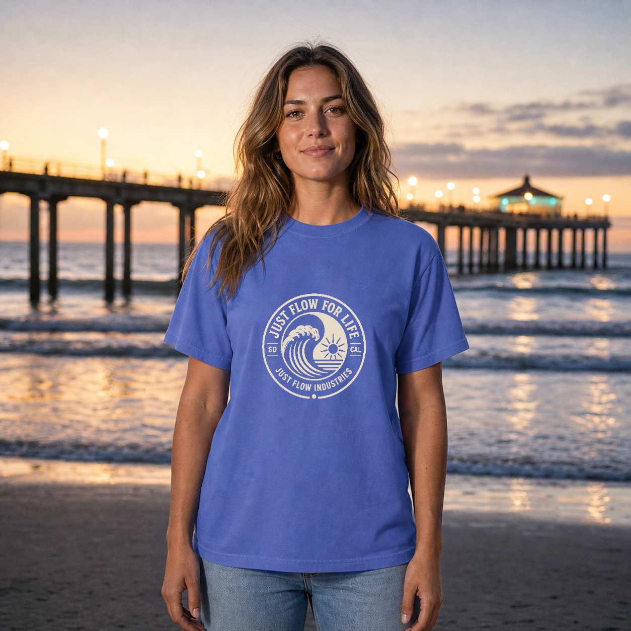 Circular Wave Crest DTF Heavyweight Tee in Flo Blue, lifestyle (corrected crest)
