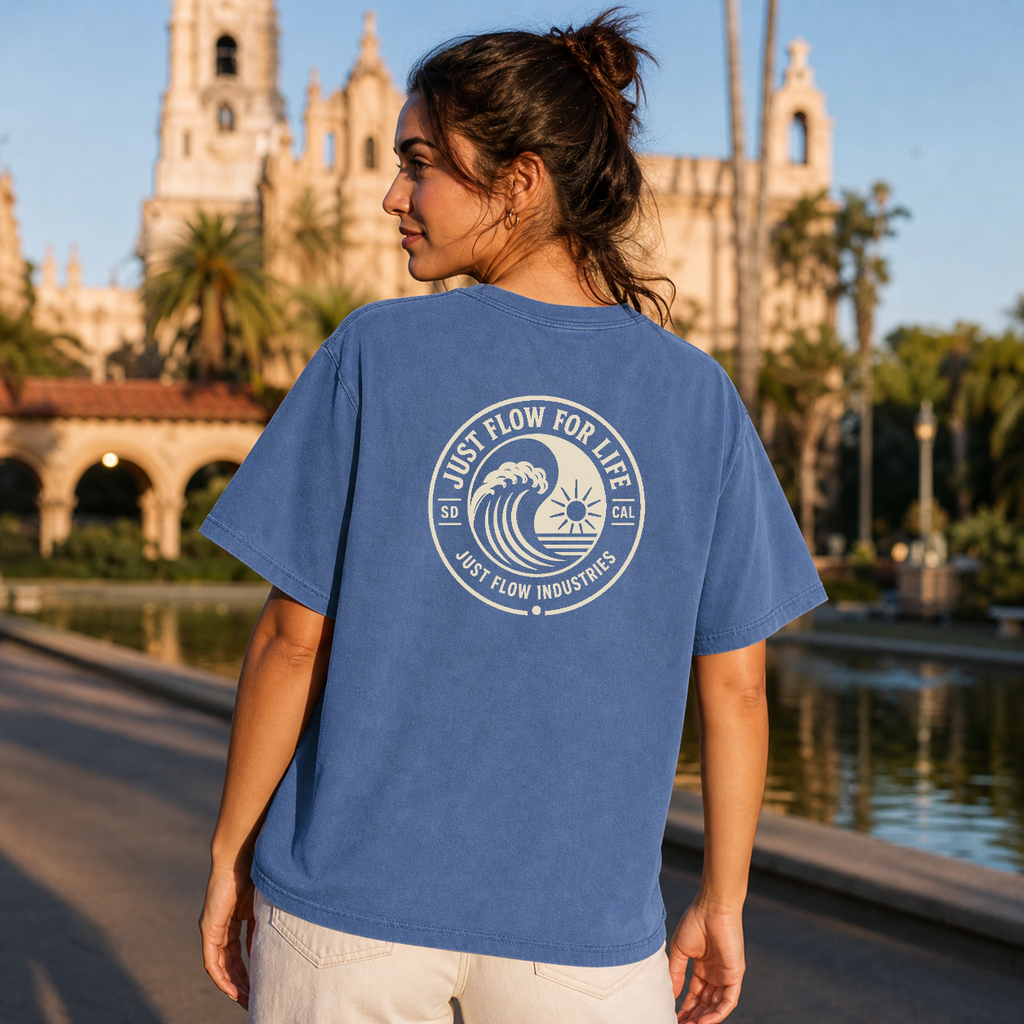 Circular Wave Crest DTF Heavyweight Tee in Mystic Blue, lifestyle (corrected crest)