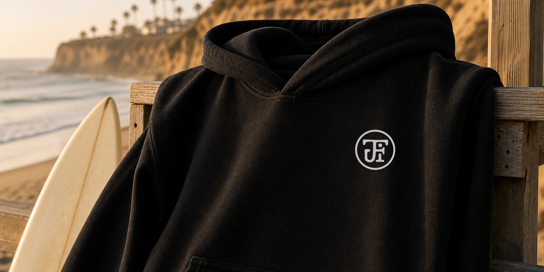 Black heavyweight monogram hoodie at the Southern California coast